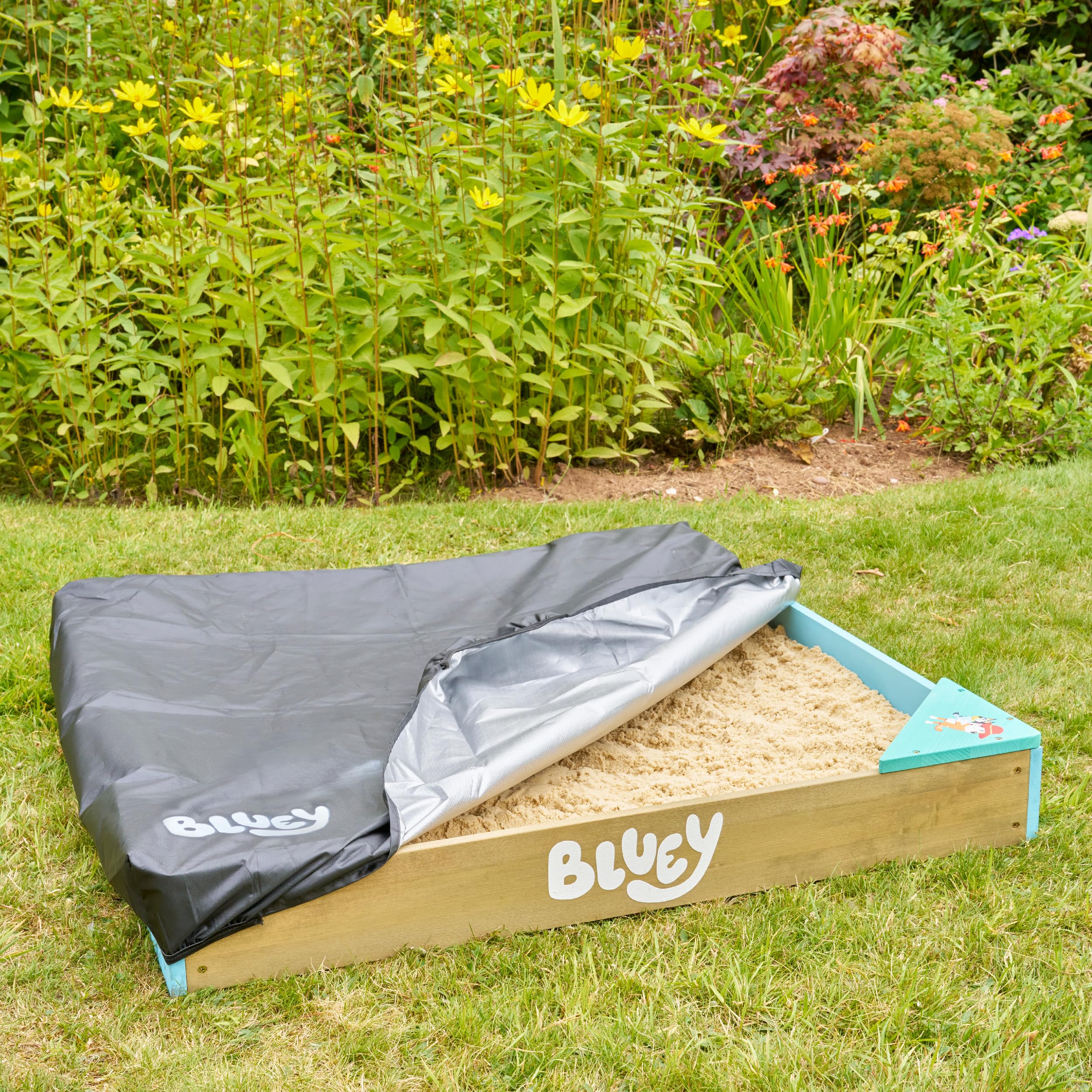 Bluey Drewniana piaskownica z pokrywą z certyfikatem FSC drewniana piaskownica ogrodowa dla dzieci z narożnymi siedzeniami porowata wkładka pokrowiec ochronny do zabawy na świeżym powietrzu od 2 lat
