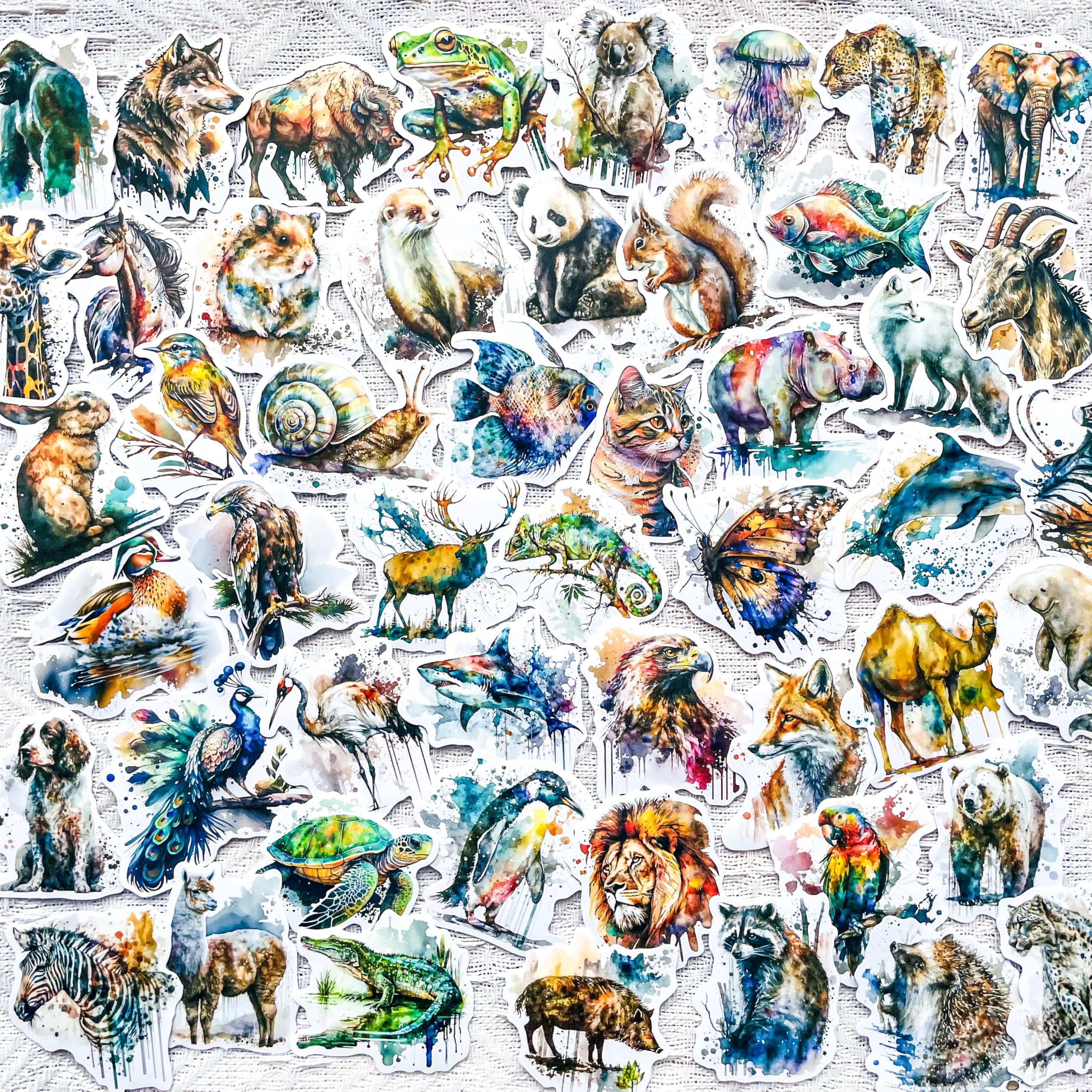50pcs Watercolor Wildlife Animal Stickers – Aesthetic Nature Creatures Decals for Scrapbooking, Journaling, Laptop, Waterproof Vinyl, Cute Forest Zoo