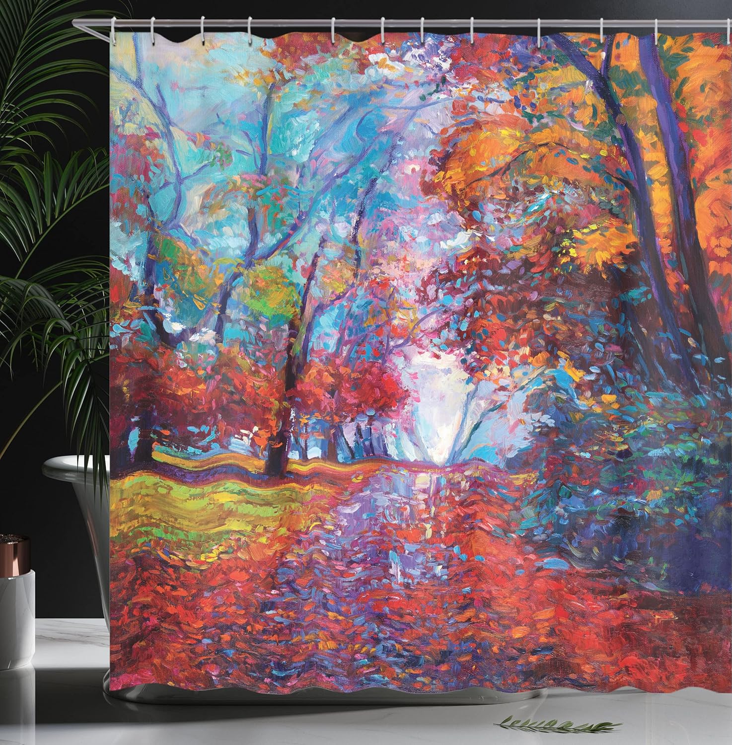 Ambesonne Country Shower Curtain, Colorful Paint of Park in Fall View of The Earth in Oil Painting Style Print, Cloth Fabric Bathroom Decor Set with Hooks, 69" W x 70" L, Burnt Orange Dark Coral