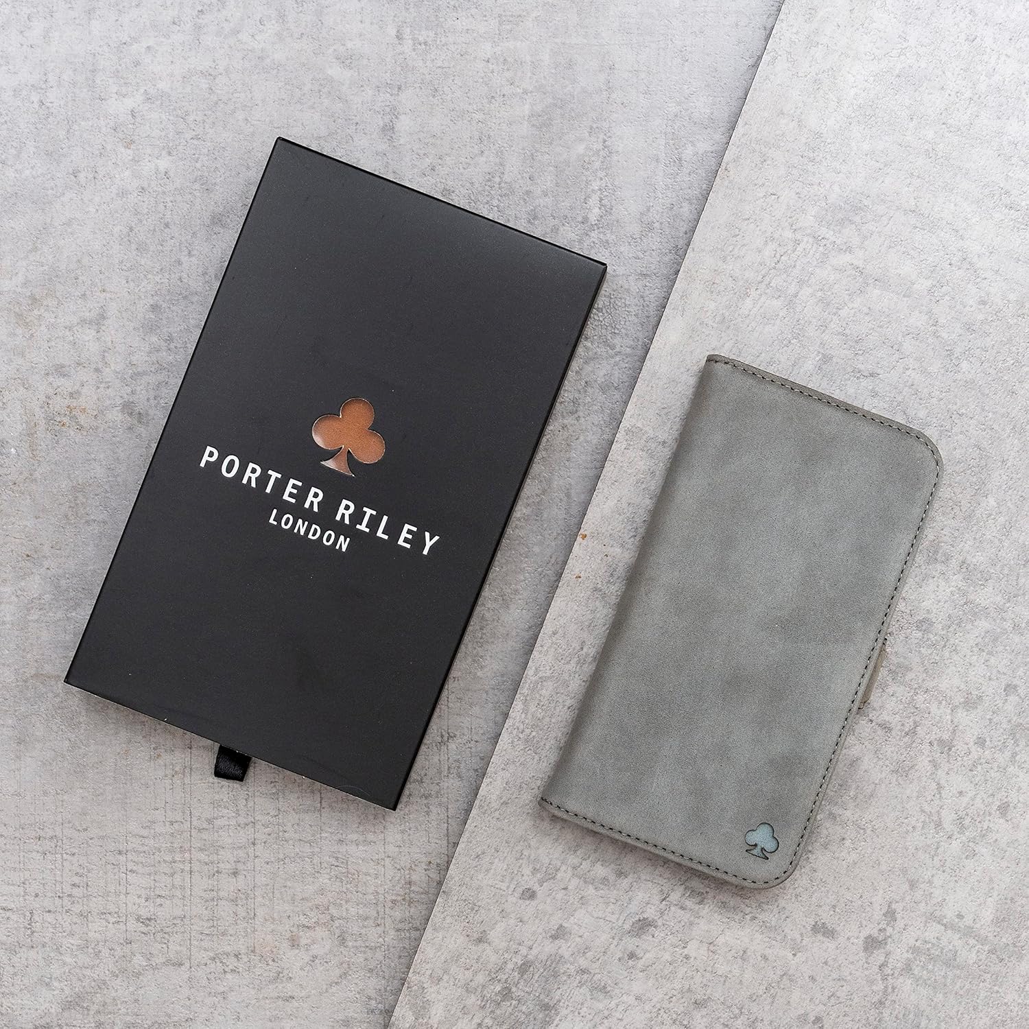 Porter Riley - Leather Case Compatible with iPhone 15 Pro. Premium Genuine Nubuck Leather Book/Wallet/Book Case with Card Slots and Horizontal Stand (Grey, Black)