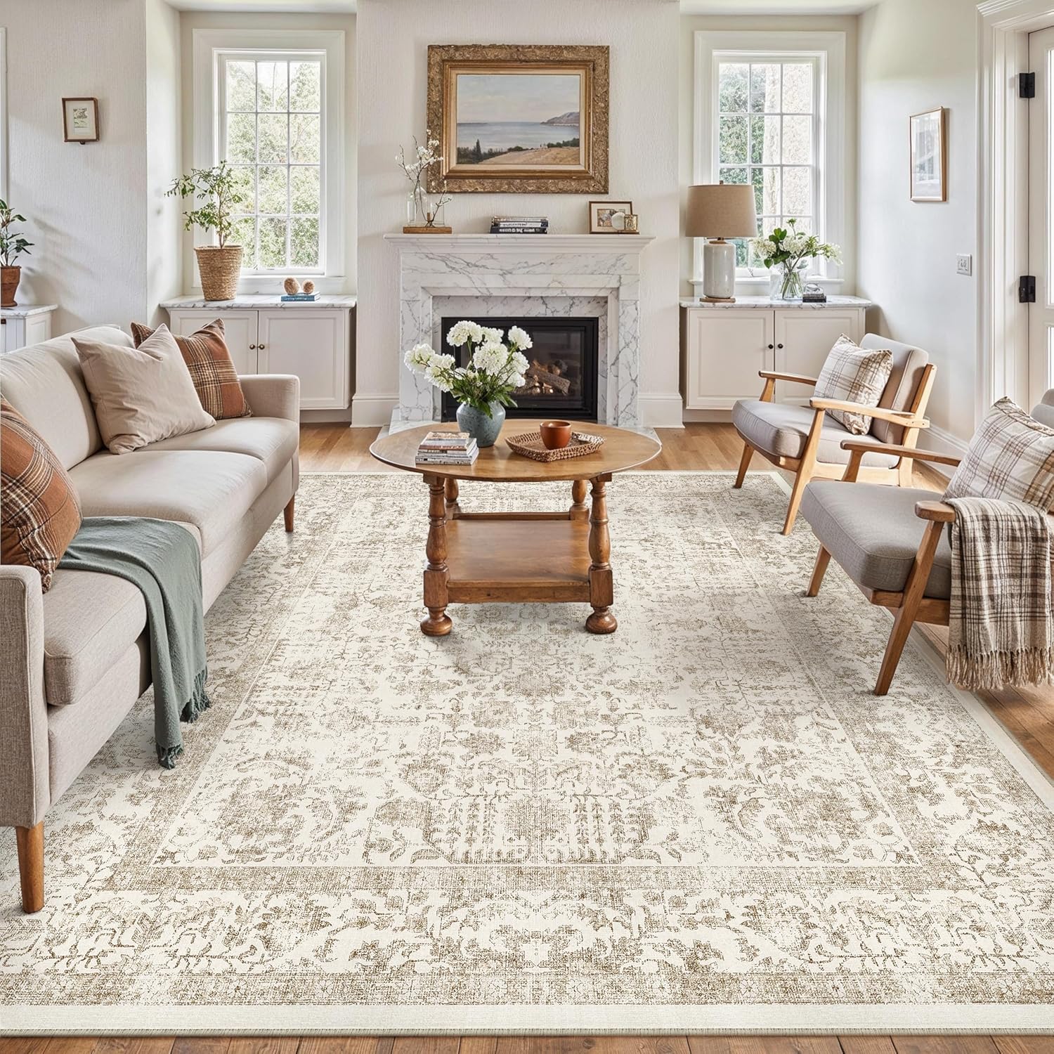 Light Brown Area Rug 8x10 Machine Washable Large Vintage Living Room Distressed Non Slip Carpet Traditional Indoor Bedroom Retro Floral Accent Throw Rug for Office Kitchen Dining Room 8' x 10' (Rectangular) Accent | Light Brown