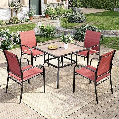 Juego de 5 piezas de mesa y sillas de patio, juego de muebles de comedor para exteriores de 4 personas, 4 sillas rojas de Textilene y mesa de 37"