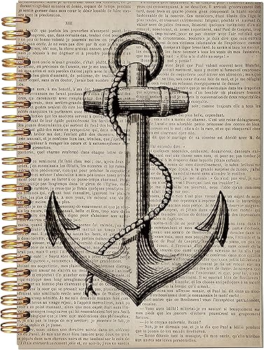 Ancla náutica vintage con cuerda de diccionario de arte forrado en espiral, cuaderno de 8.3 x 5.5 pulgadas, tapa dura, con rayas universitarias,