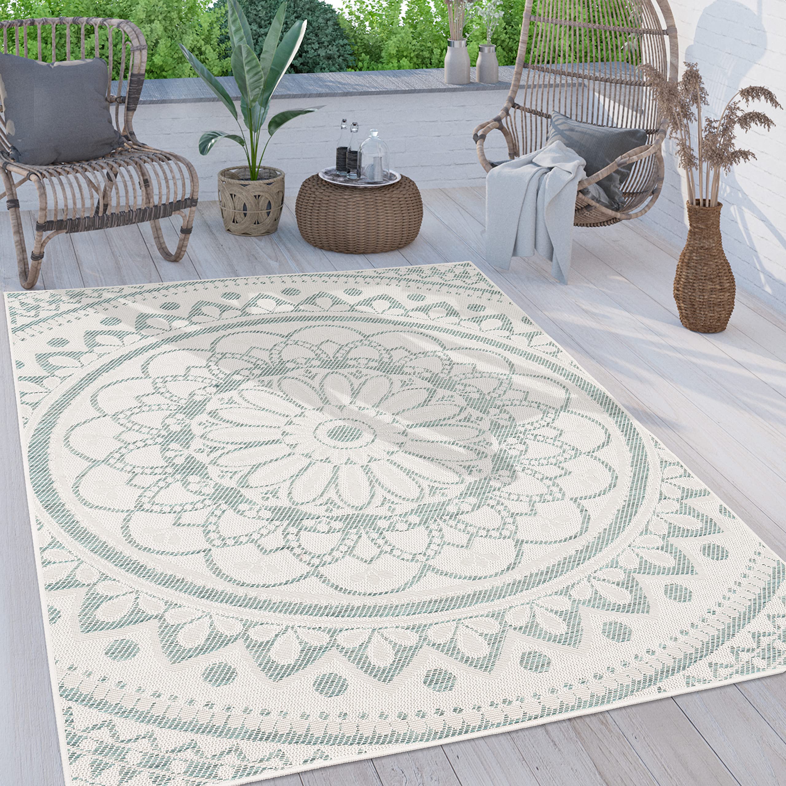 Paco Home Outdoor Teppich wetterfest & robust modernes Mandala & Boho Design pflegeleicht & flachgewebt für Balkon, Terrasse, Garten, Wohnzimmer & Küche Ethno Mandala, Grösse:200x280 cm, Farbe:Türkis