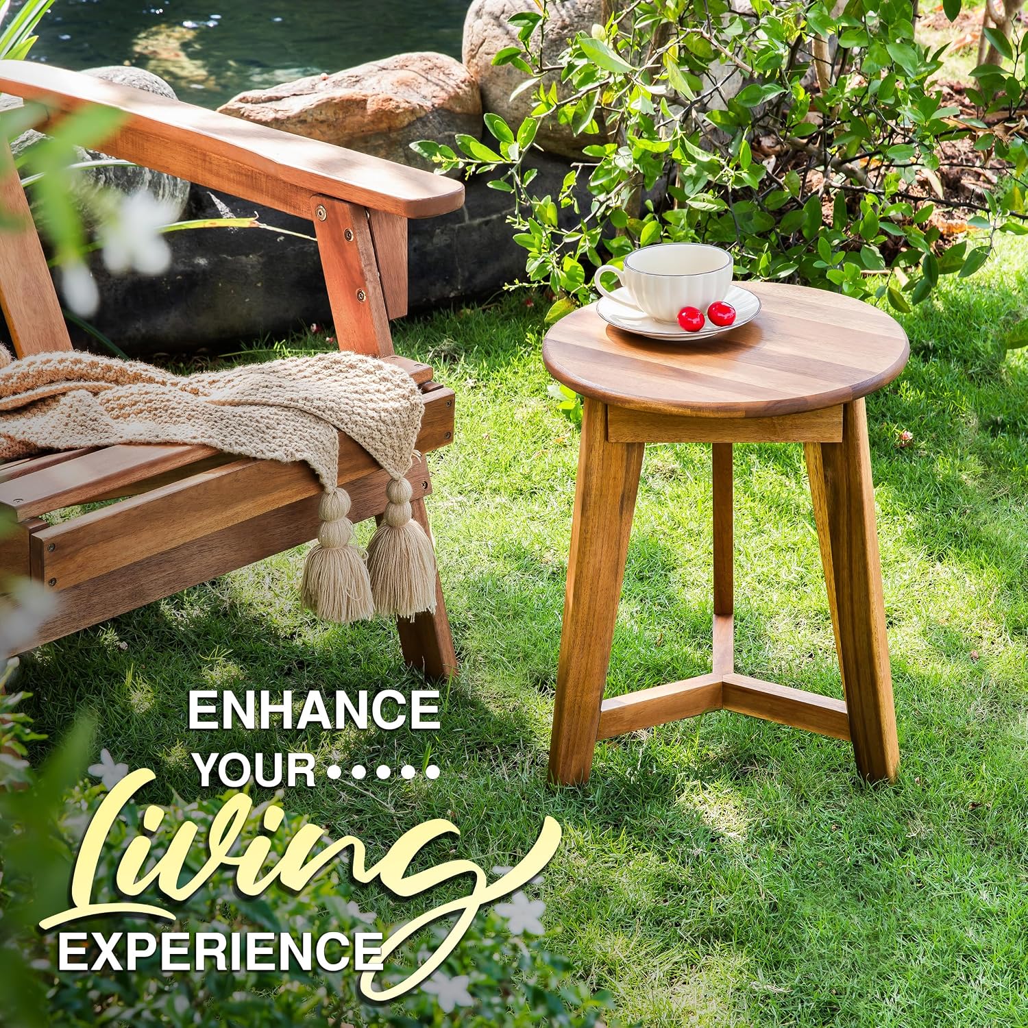 VICTORY RELAX Round Side Table – Solid Acacia Wood End Table for Living Room or Bedroom – Natural Wood Finish, Compact Nightstand or Accent Table for Sofas & Beds (13x16x13 Inches)