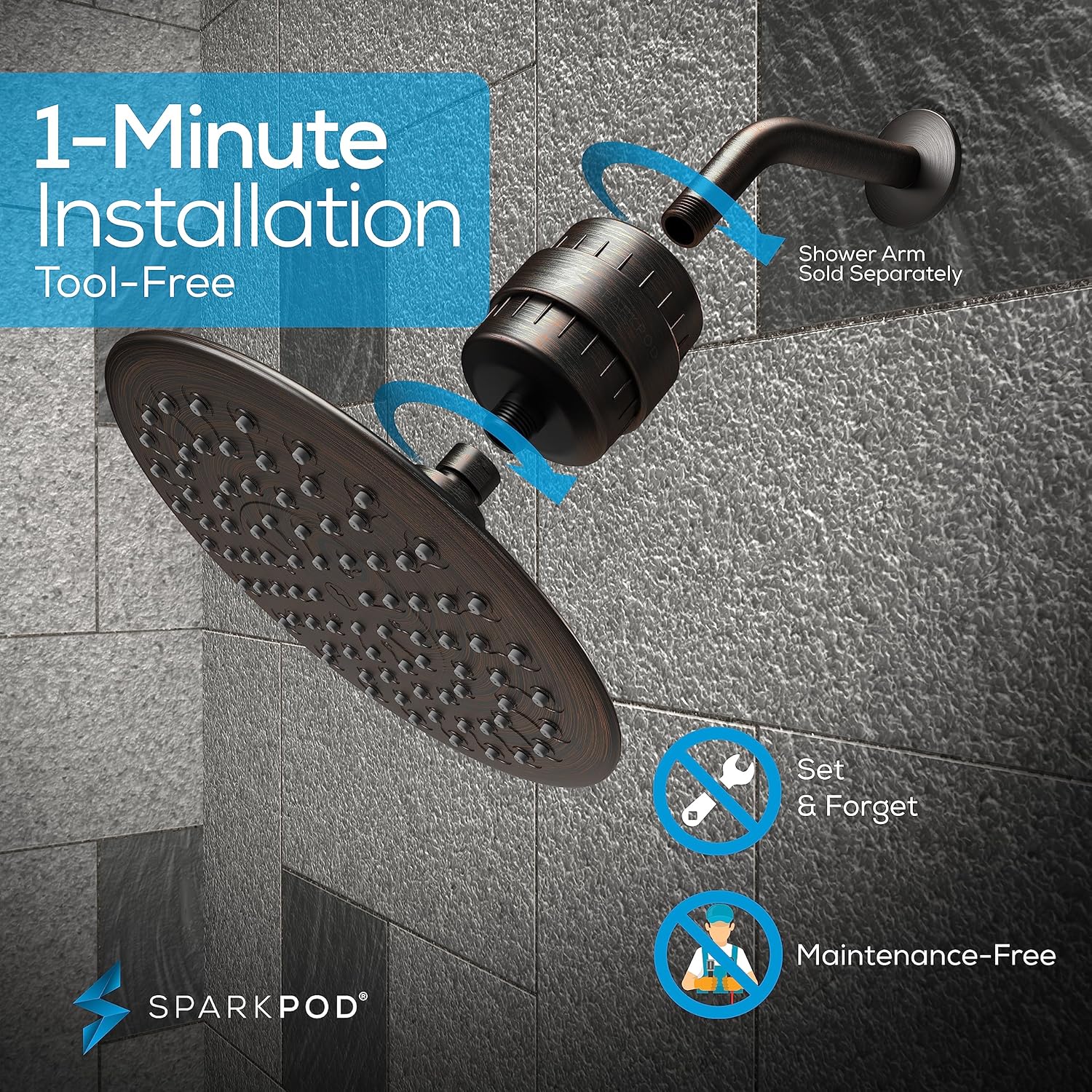 SparkPod High Pressure Shower Filter Head with 1 Extra Filter - Water Filter and 9.5" Shower Head with Enhanced Formula Filter Helps Remove Chlorine (Vintage Oil Rubbed Bronze)