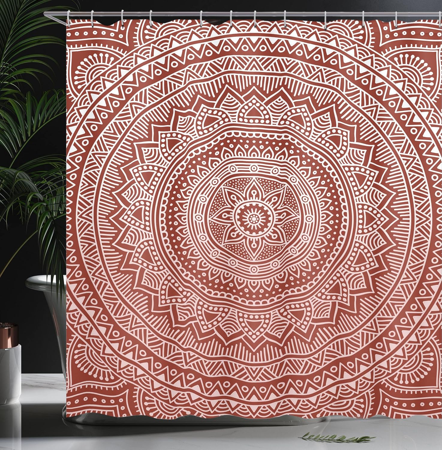 Ambesonne Mandala Shower Curtain, Abstract Floral Design with Themes Native South East Folkloric Illustration, Cloth Fabric Bathroom Decor Set with Hooks, 69" W x 70" L, Paprika White