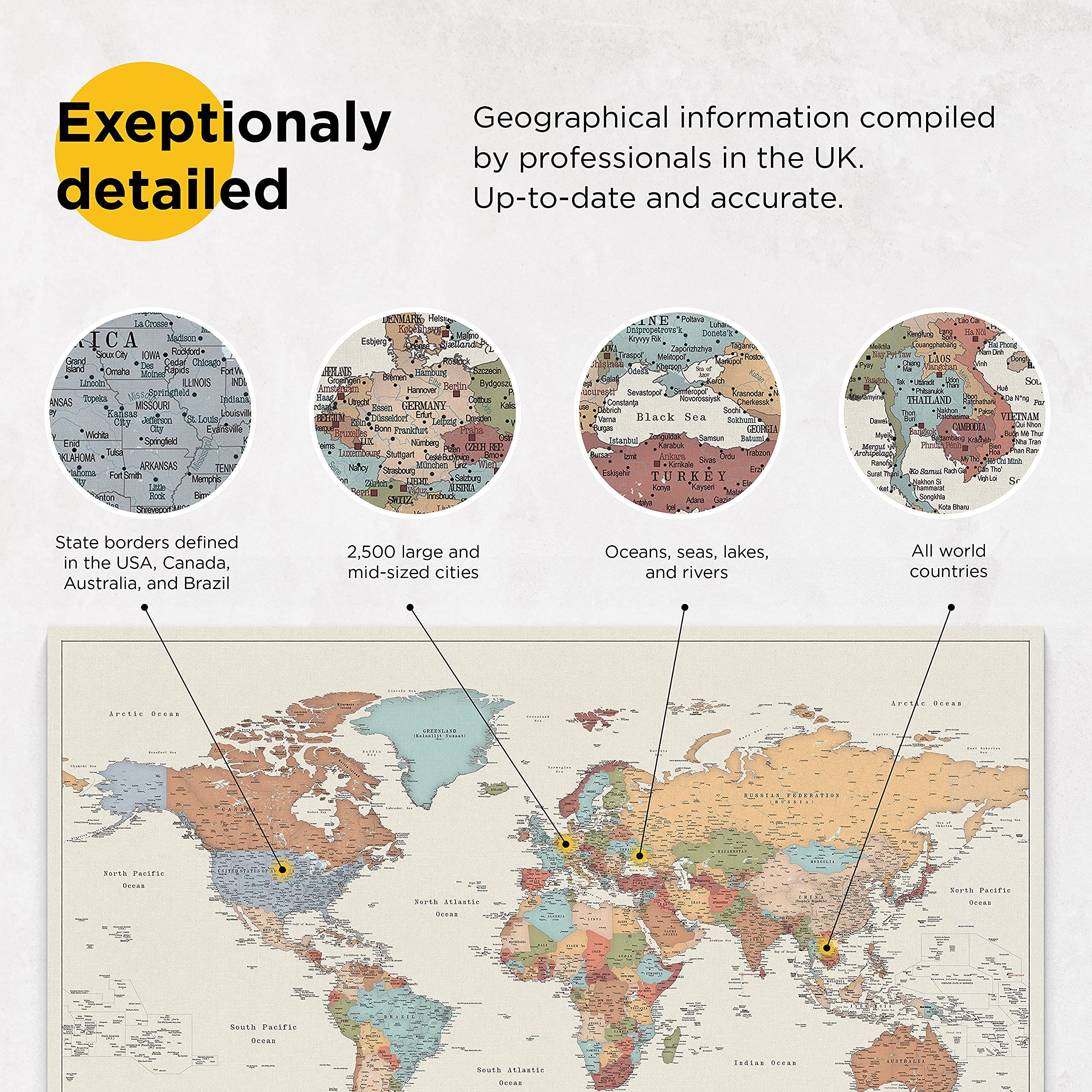 Trip Map Planisfero da Parete - Dettagliato Cartina Geografica Del Mondo con Puntine - Stampa su Tela - Diario di Viaggio - 3 Dimensioni: Media/Grande/Gigante