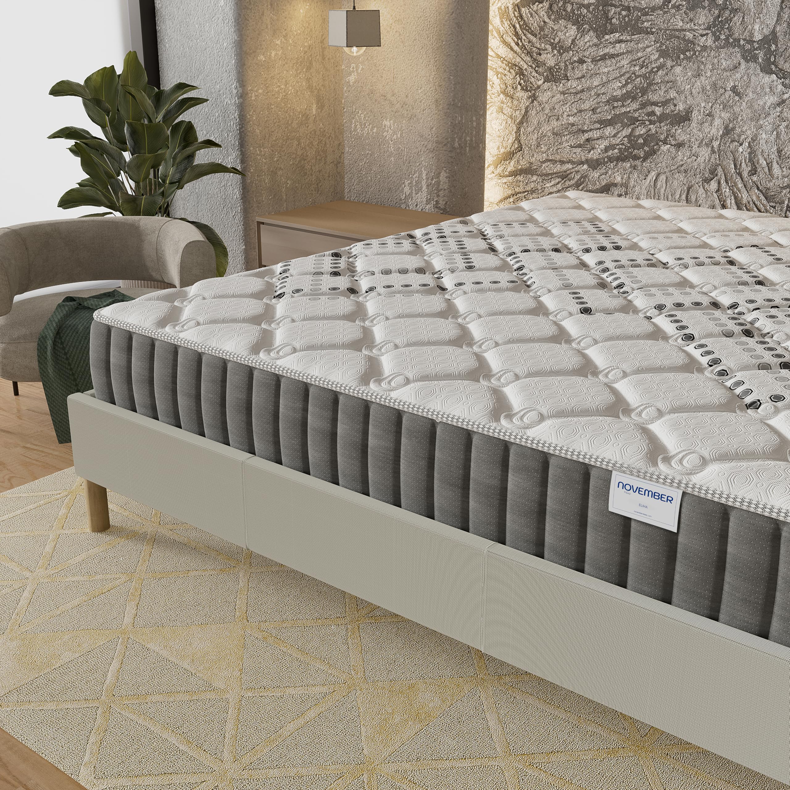 NOVEMBER- Ensemble Matelas + sommier (120 x 190cm)- Matelas Eliha Ressorts ensachés & Mousse Haute Densité d’épaisseur 20cm + Sommier Bois Stable & Robuste revêtement Tissu Blanc