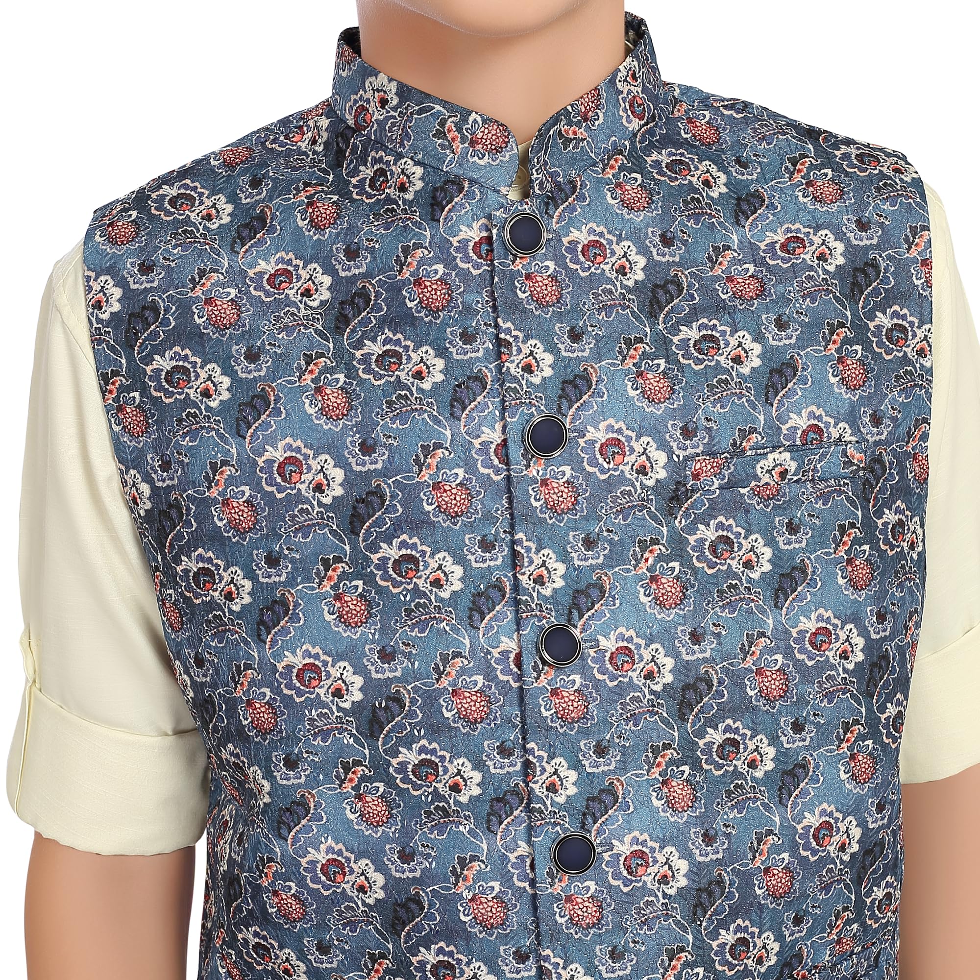 CHARCHIT Boys Blue Printed Nehru Jacket and Shirt 1