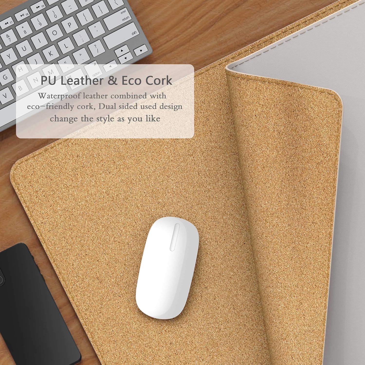 YSAGi Eco Cork Leather Desk Pad, Ultra Thin Waterproof Large PU Leather Mouse Pad, Dual Use Desk Writing Mat for Office/Home (31.5"x15.7", Cork+Grey)