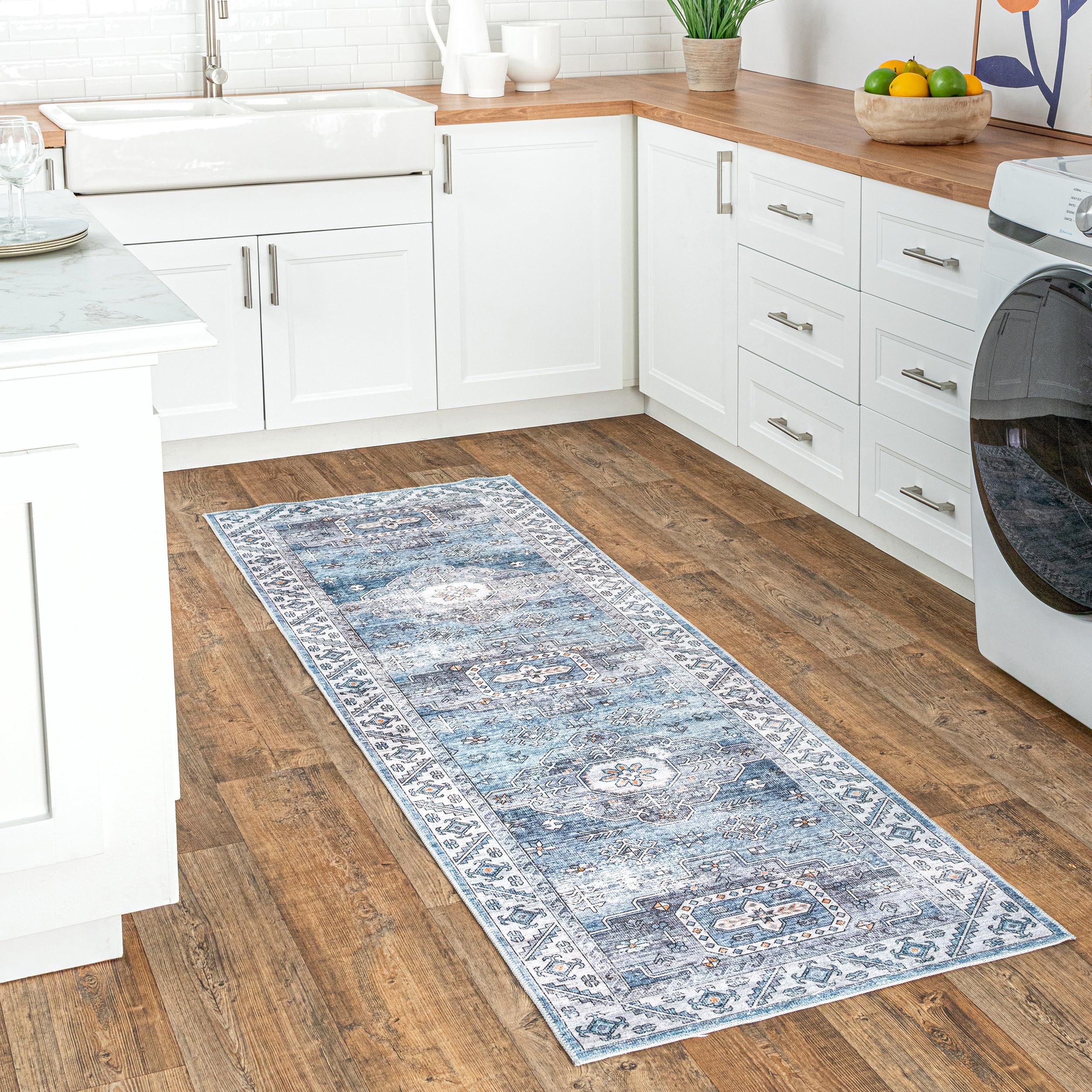 NuLOOM Eva Teppichläufer | Maschinenwaschbar | Vintage Design | 60x200 Cm | Blau | Rutschfest & Schmutzabweisend