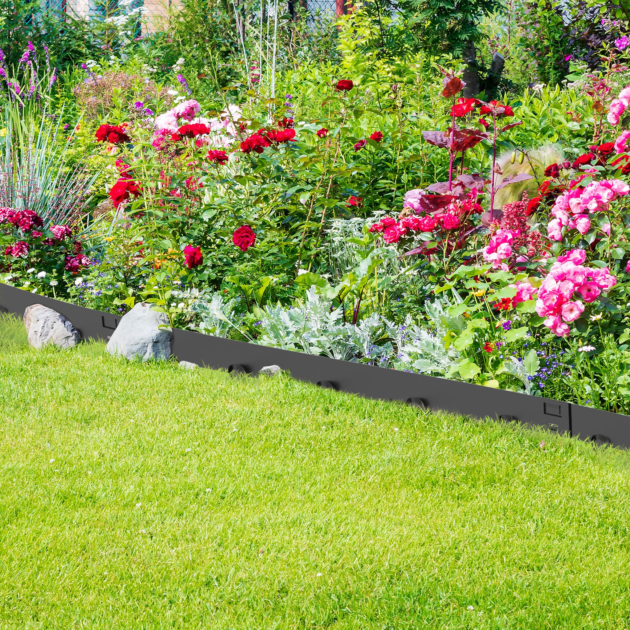 NAIZY Rasenkante Metall 10 Stück Beeteinfassung Flexible Beetumrandung mit Schnalle Mähkante für Garten, Anthrazit