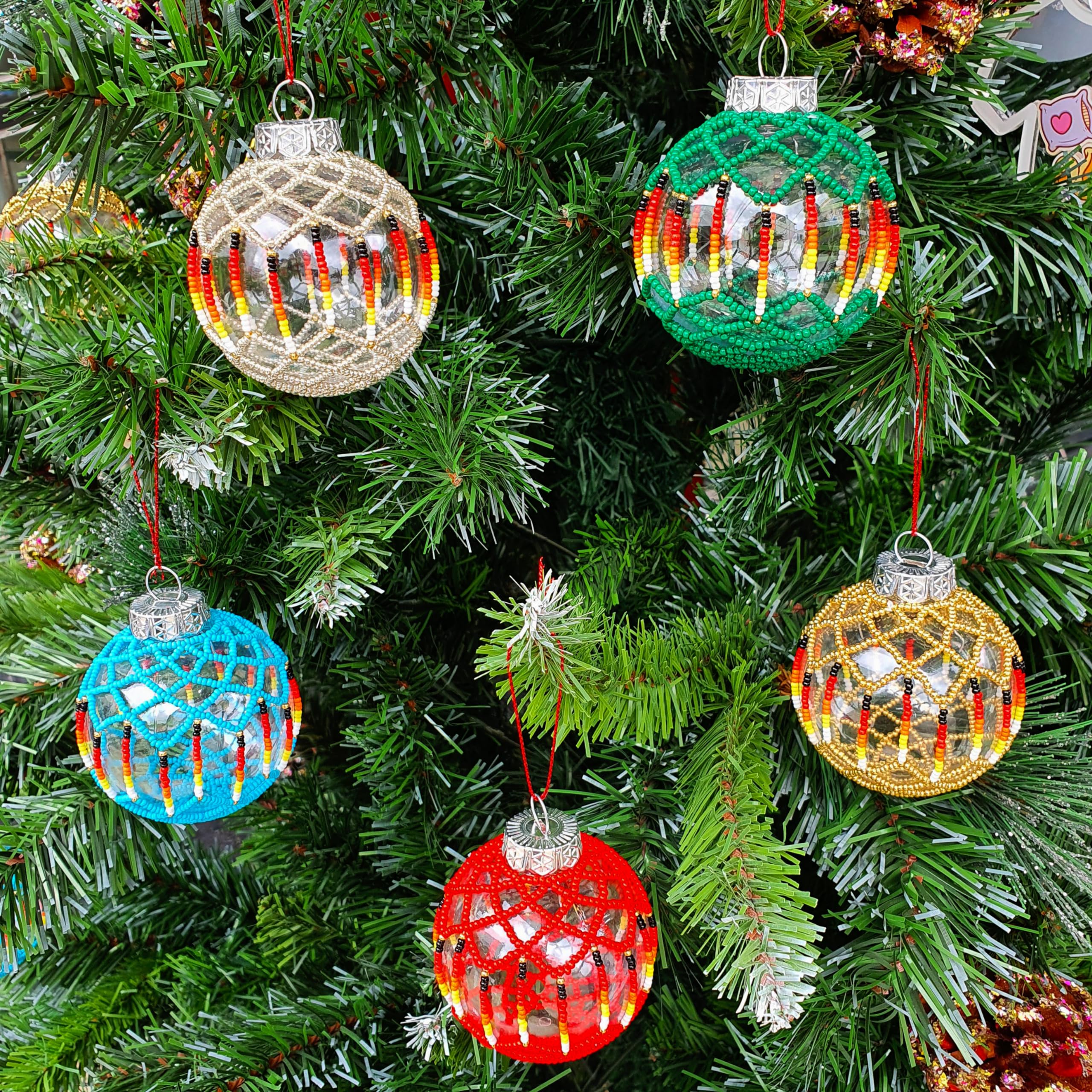 Handmade Beaded Christmas Ball Ornaments, Indigenous Beaded Christmas Tree Ornaments, Christmas Native American Beaded Ornaments