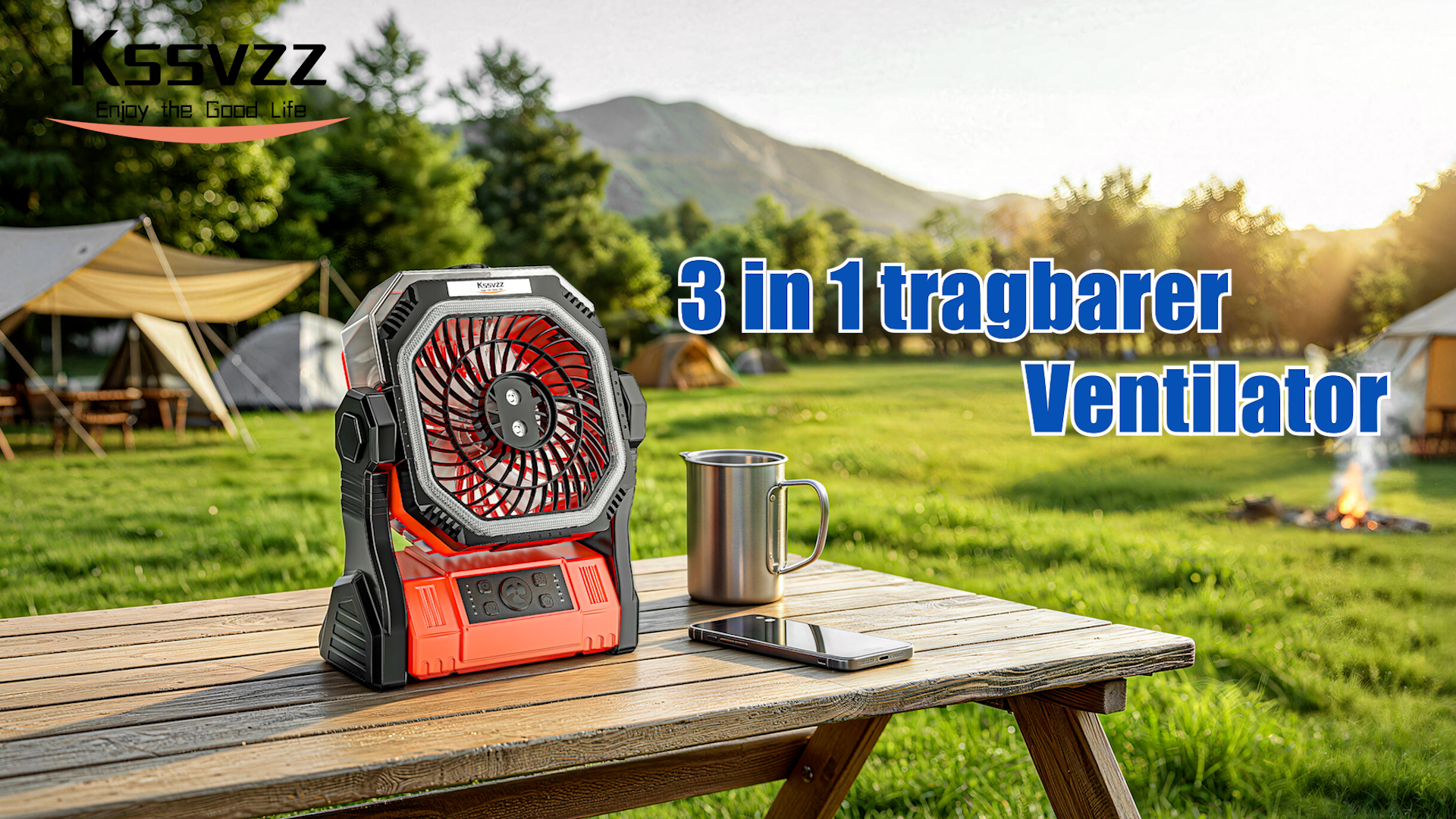 ventilator zelt Camping mit Wasserkühlung, Ventilator Akku Leise mit LED Licht Fächer:Zwei kleine Fächer Wild Camping in Japan: Camping Tarp Pole