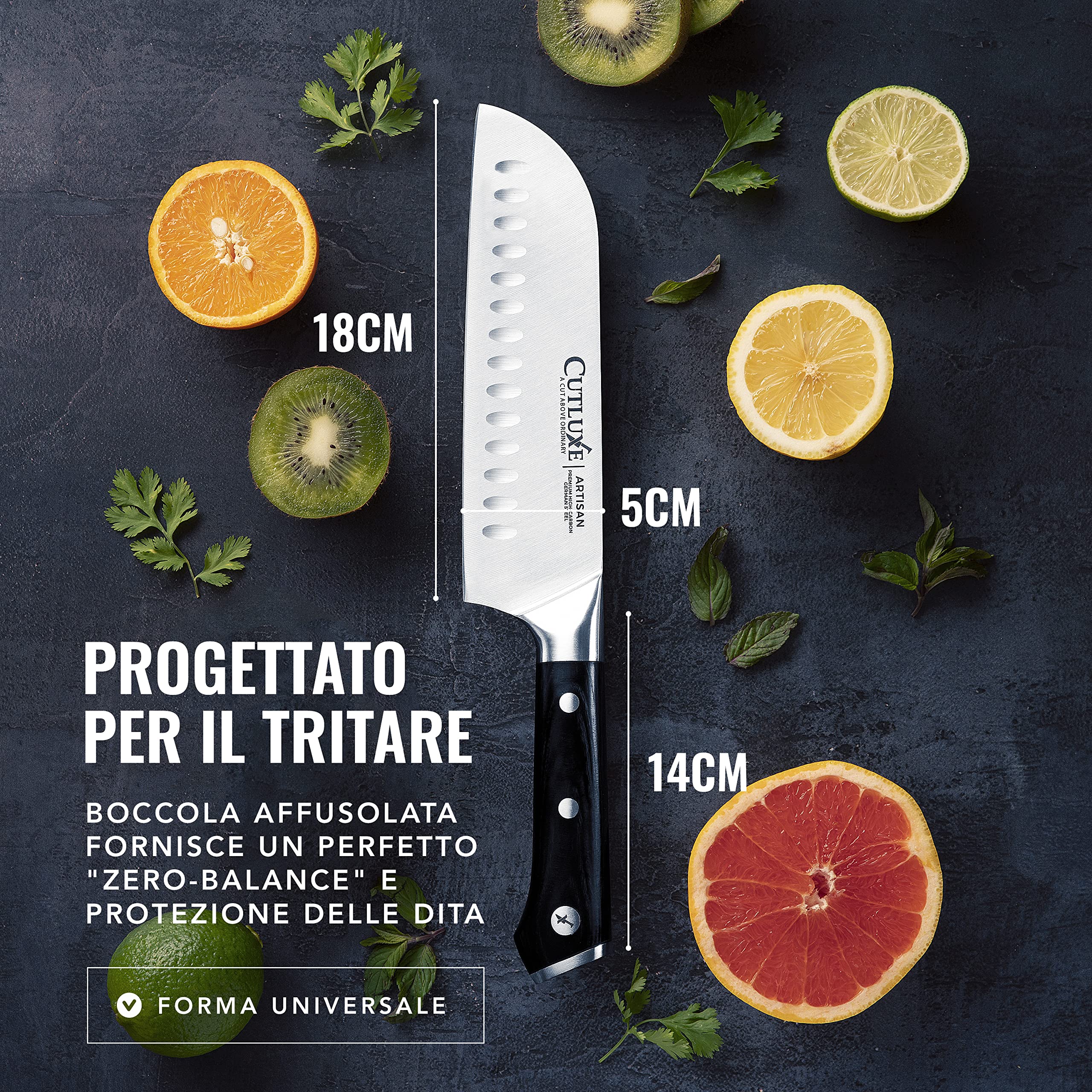 Cutluxe Coltello Santoku - 18cm Coltello Giapponese Professionale Con Guaina - Acciaio al Carbonio, Lama Affilata e Resistente - Artisan Series