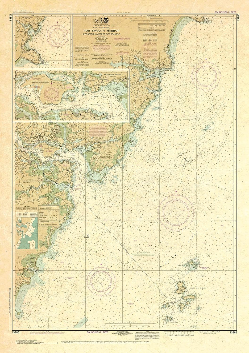 Paradise Cay Publications, Inc. Antiqued NOAA Chart 13283: Portsmouth Harbor Cape Neddick Harbor to Isles of Shoals; Portsmouth Harbor