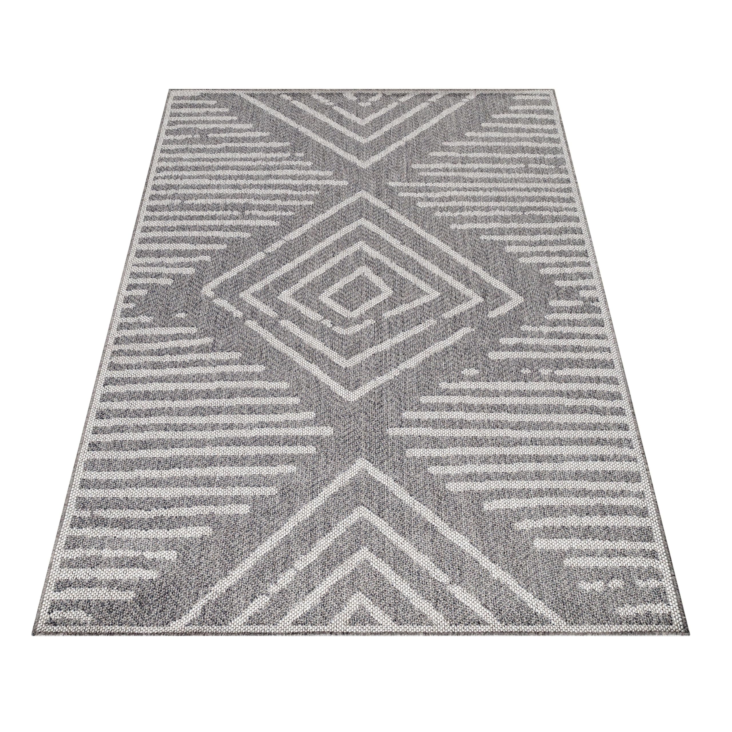HomebyHome In- & Outdoor Teppich 140x200 cm, Wetterfest & Robust, Flachgewebe mit Modernem Boho-Design in Grau & Creme, Rechteckig für Terrasse, Balkon, Küche, Bad & Wohnzimmer