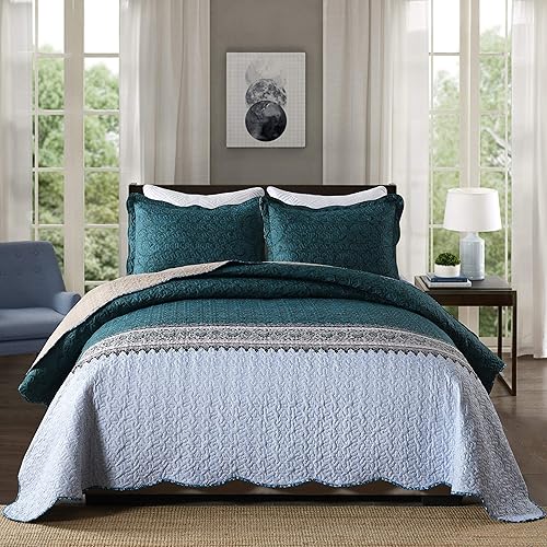 Travan Juego de colcha de 3 piezas, colcha de gran tamaño, de microfibra suave y ligera, con fundas, para todas las estaciones, color azul océano,