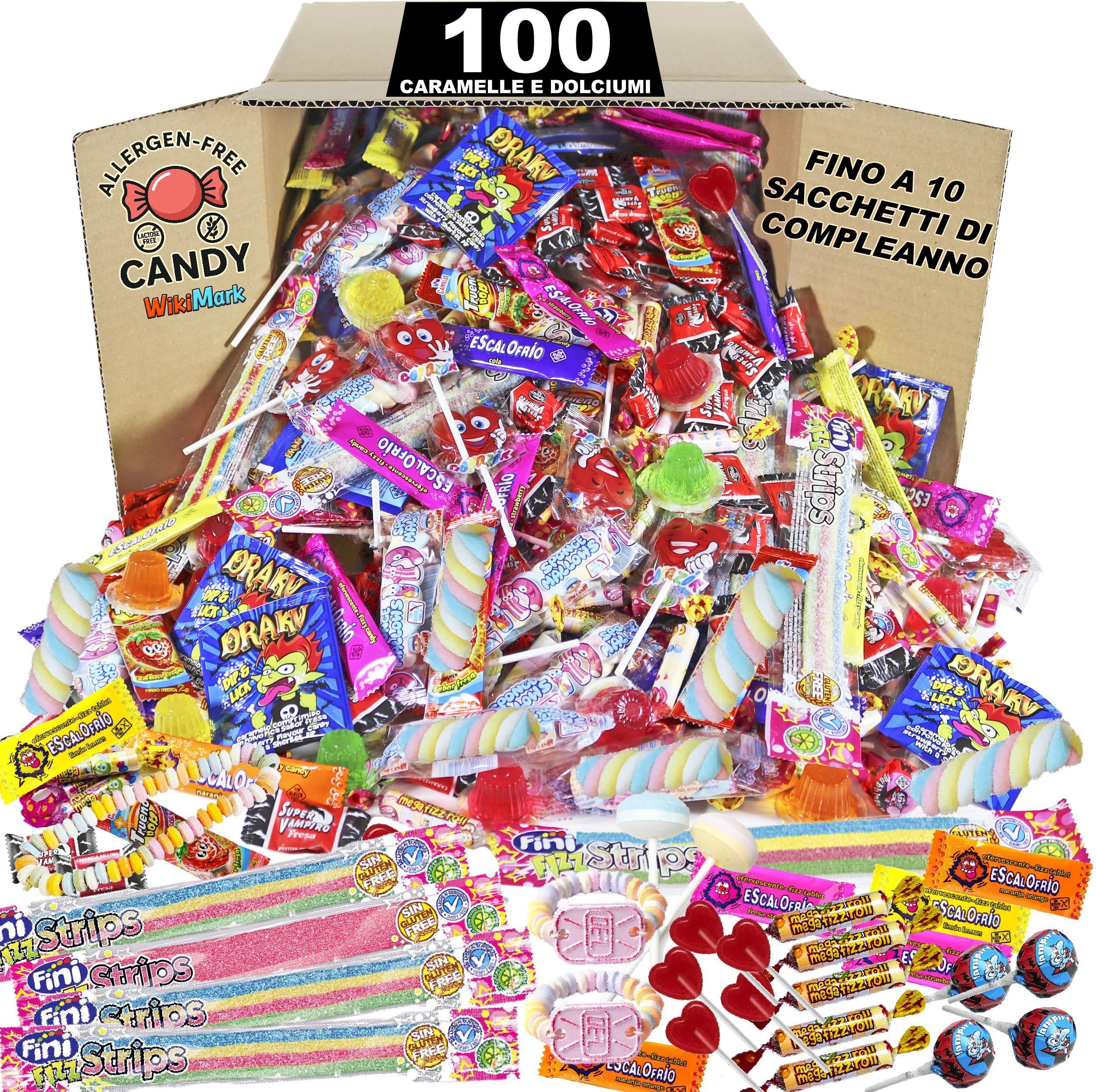 100 caramelle, dolcetti e caramelle ripiene di piñata senza allergeni WikiMark - Per riempire borse di compleanno, feste, Natale e Halloween. Senza glutine e senza latticini.