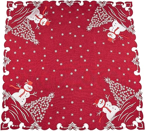 Hermosamente elegante decoración de árboles plateados y muñeco de nieve sobre lino rojo, mantel pequeño, centro de mesa (cuadrado de 34 pulgadas) disponible en Yaxa Peru
