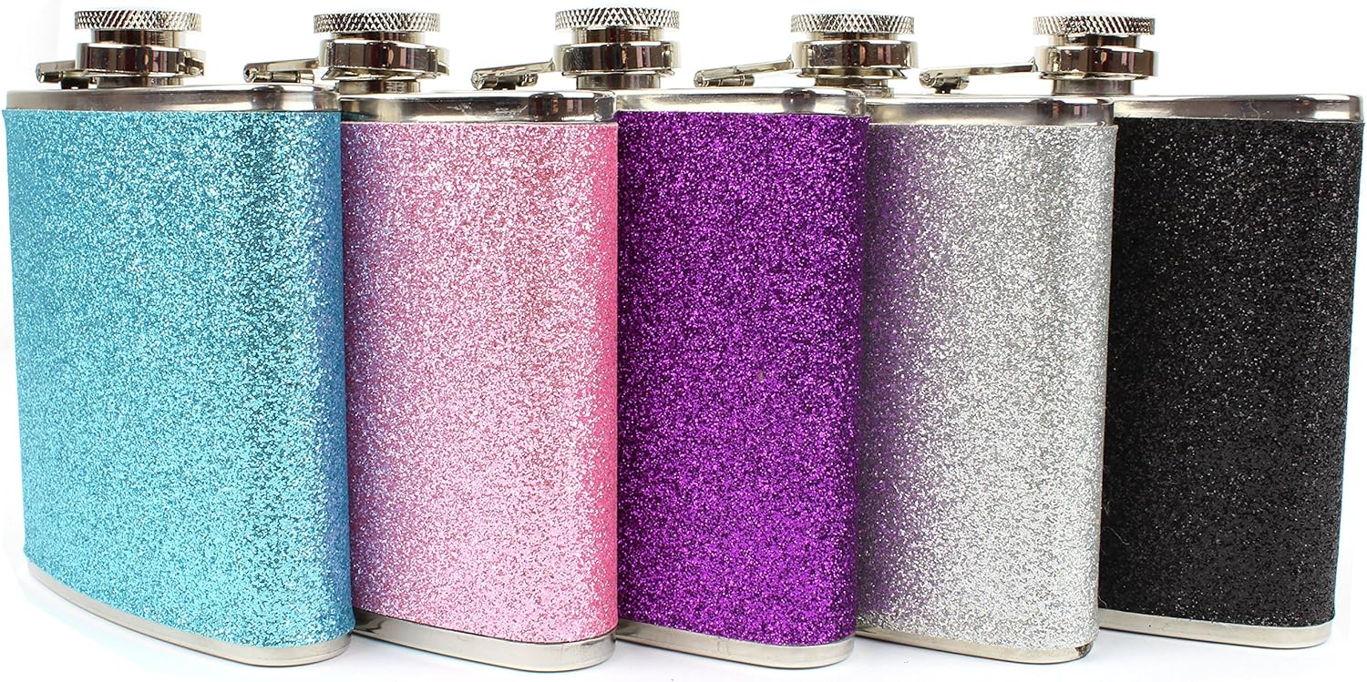 Glitter and Stainless Steel Hip Flask - Stores 6 Ounces (Light Pink)