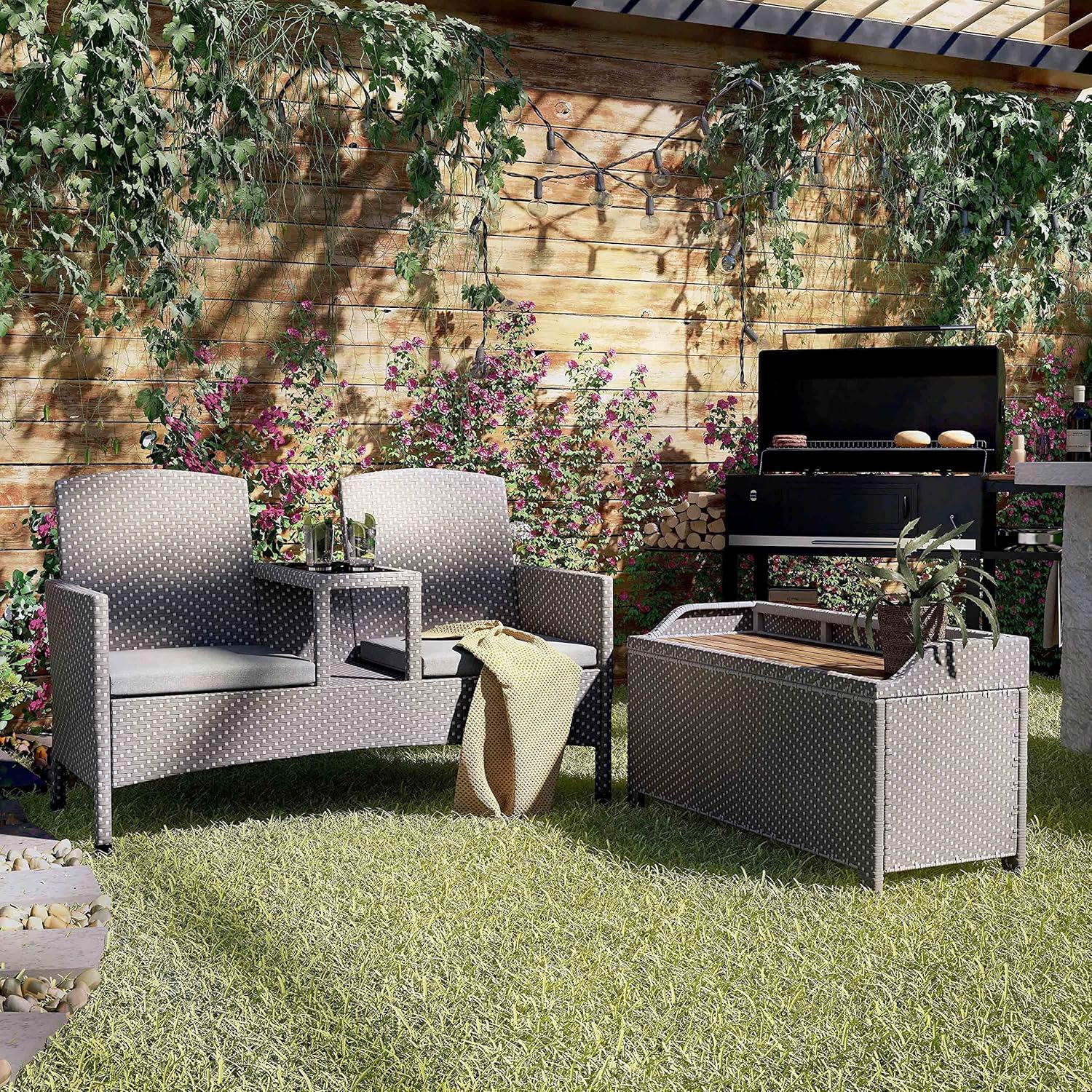 Furniture of America Newburgh 2-Piece Coastal Aluminum, Rattan Loveseat, Built-in Coffee Table and Storage Bench Set for Patio Outdoor, Backyard, Poolside, Light Gray