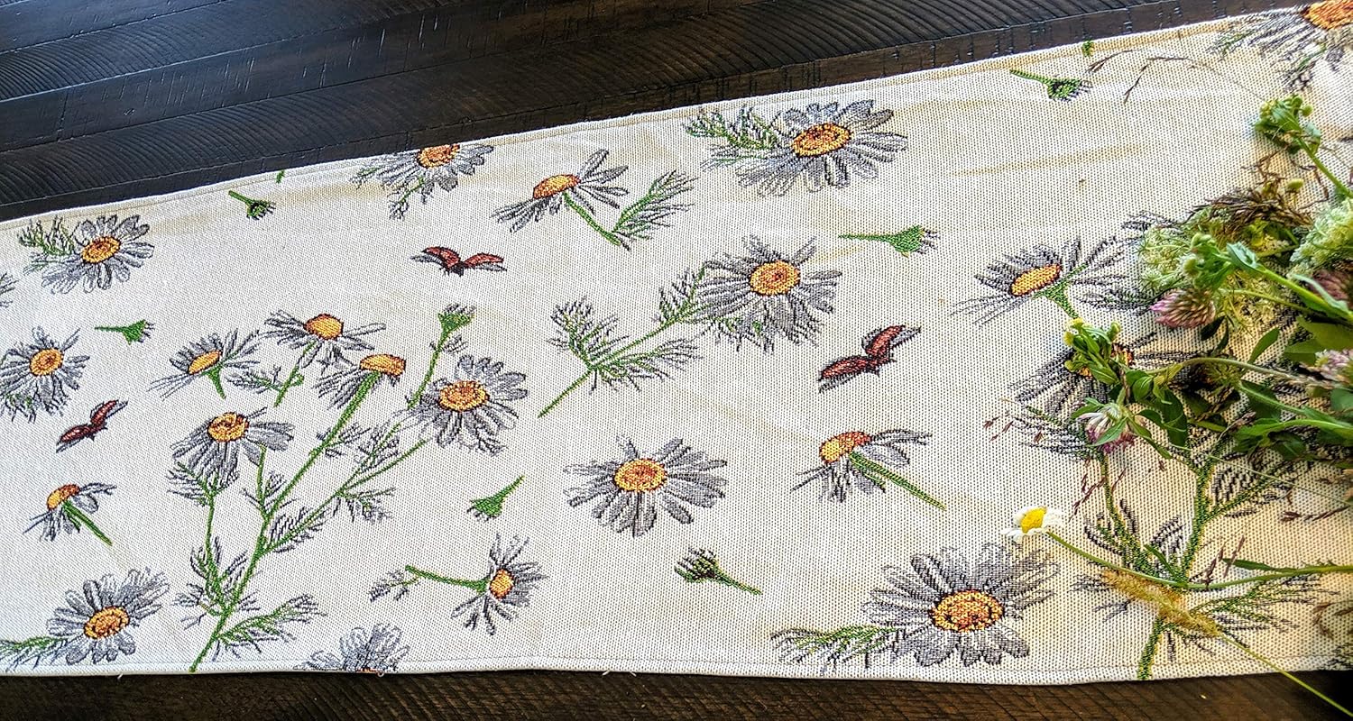 Tache Botanical Grey White Yellow Floral Daisy Chamomile Flower Long Tapestry Seasonal Kitchen Dining Table Runners 13 x 120 Daisies