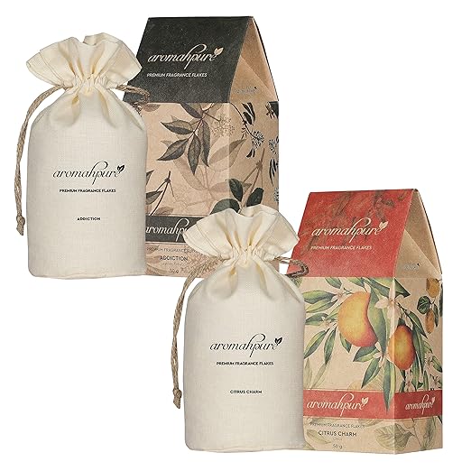 Aromahpure Premium Car Perfume Fragrance Flakes - Addiction - ?Leather Fragrance and Charming Citrus- Orange & Lemon, Luxury Car Air Freshener made Organically with Essential Oil, Grains, and Flakes - 50Gms, Refresh your car for 30 days (Pack of 3)