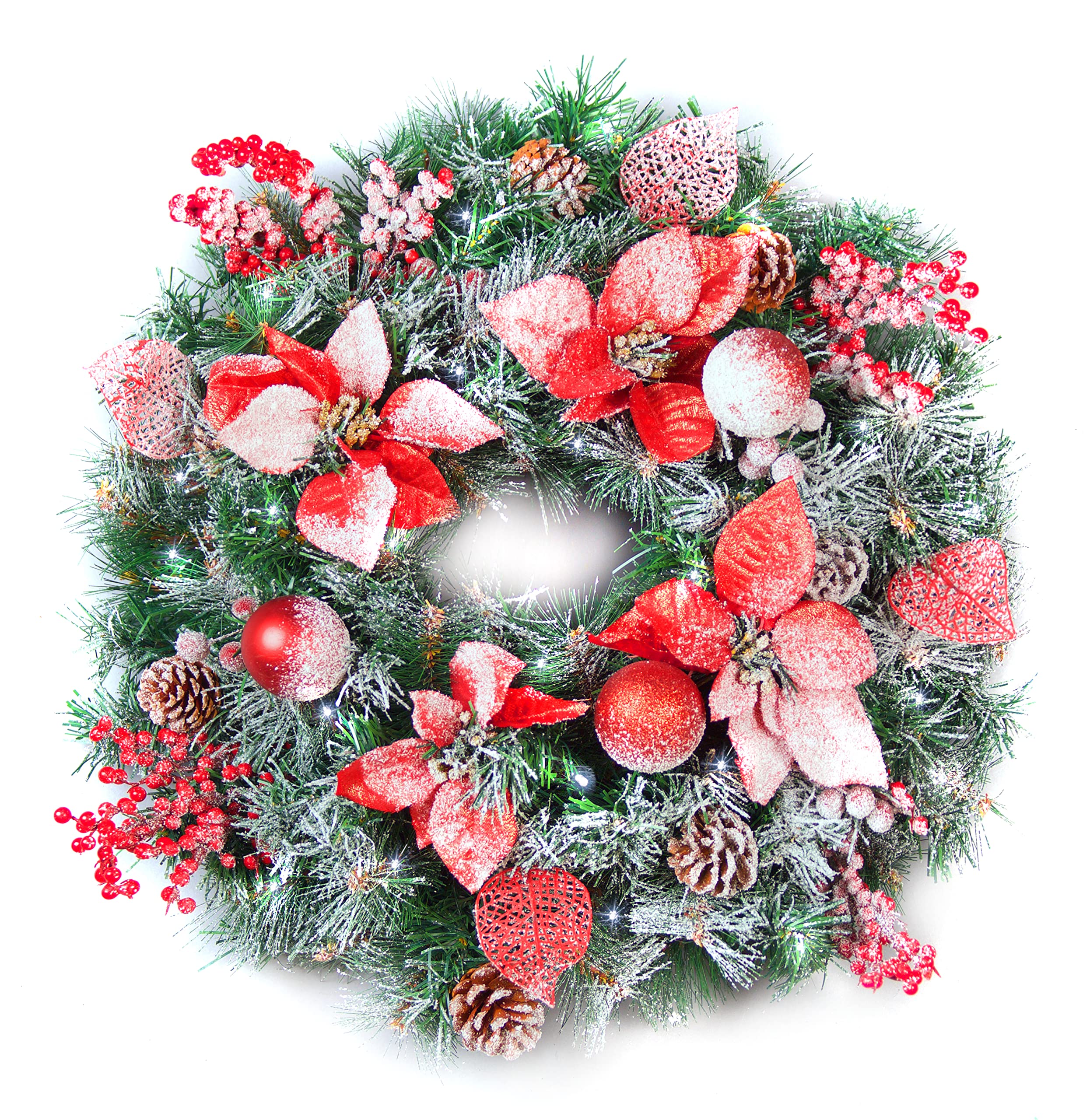 Best Artificial Green Frosted Red Decorated Christmas Wreath With Bright White Led Battery Waterproof Lights (60Cm Wreath) Size 30