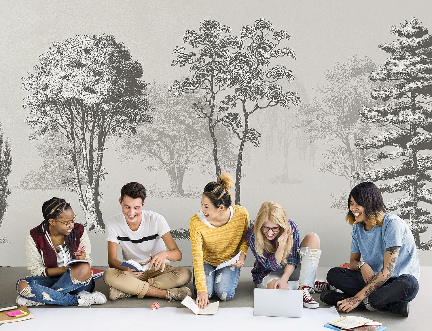 Vintage Forest Trees Wall Mural. Monochrome Abstract Sketched Art Design. Peel and Stick Wallpaper | Removable Wall Mural. #6329 (9ft Tall X 12ft Wide)