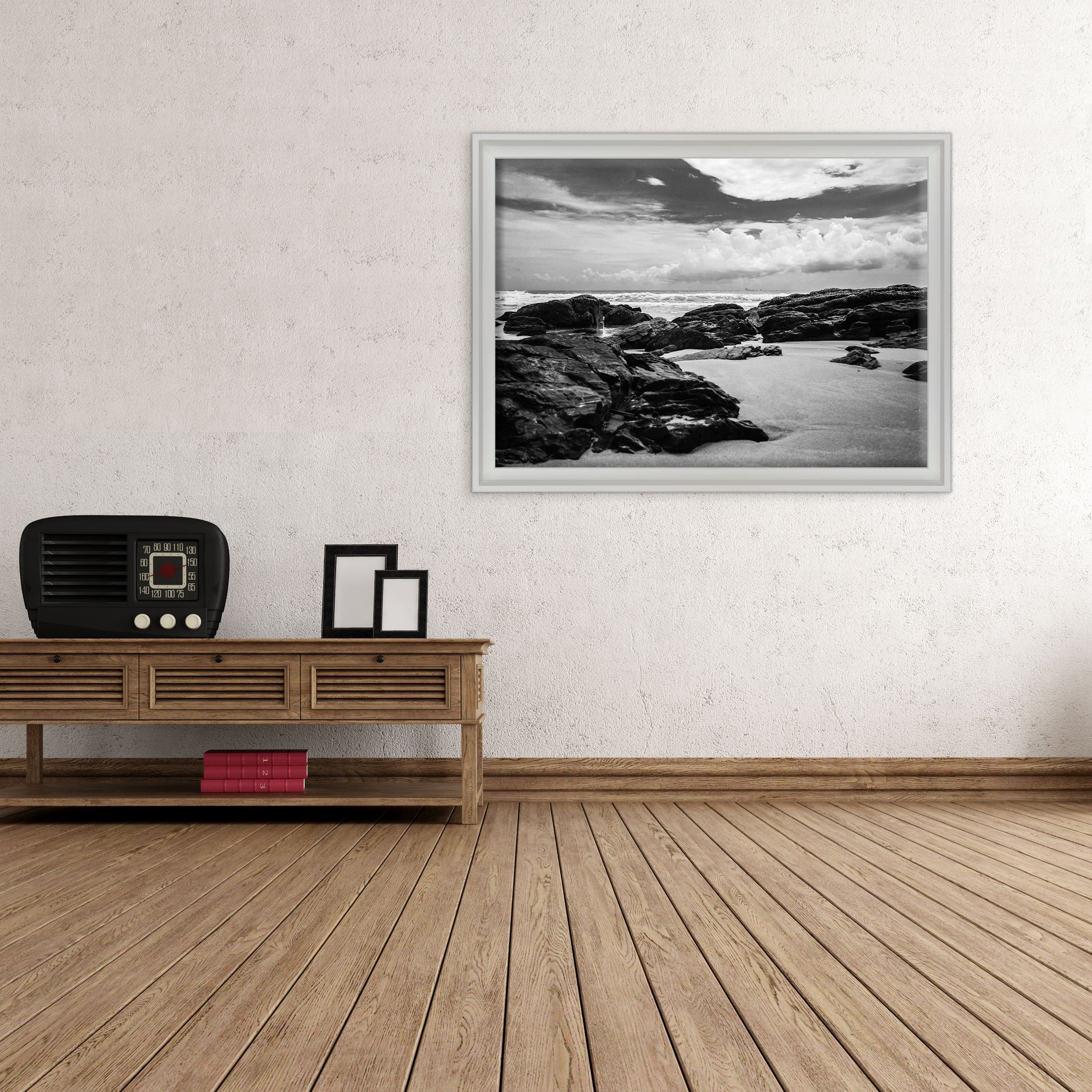 QUADRO SU TELA CANVAS INTELAIATO - CON CORNICE - Oceano Bianco e Nero - Paesaggio Natura Panorama - 70x100cm - Stile Contemporaneo Bianco - (cod.4381)