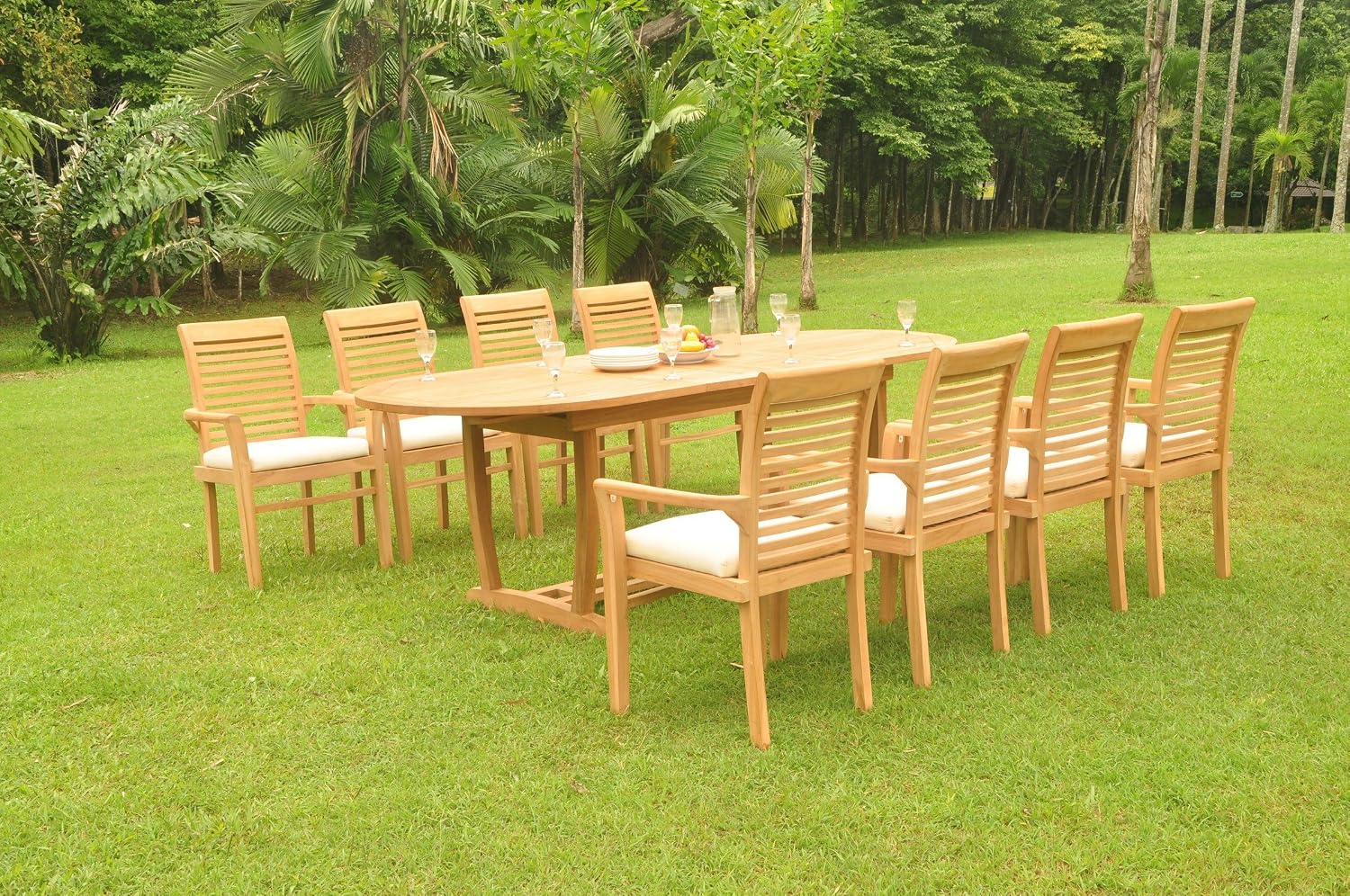 8 Seater Grade-A Teak Wood 9 Pc Dining Set: 94" Mas Oval Trestle Leg Table and 8 Mas Stacking Arm Chairs #TSDSMS27