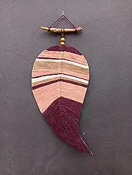 Decoração de Parede Macramê, Painel Folhas/Penas, Arte de Parede para Sala de Estar e Quarto, Ideias de Presente, Feito à Mão (Salmão/bordô)