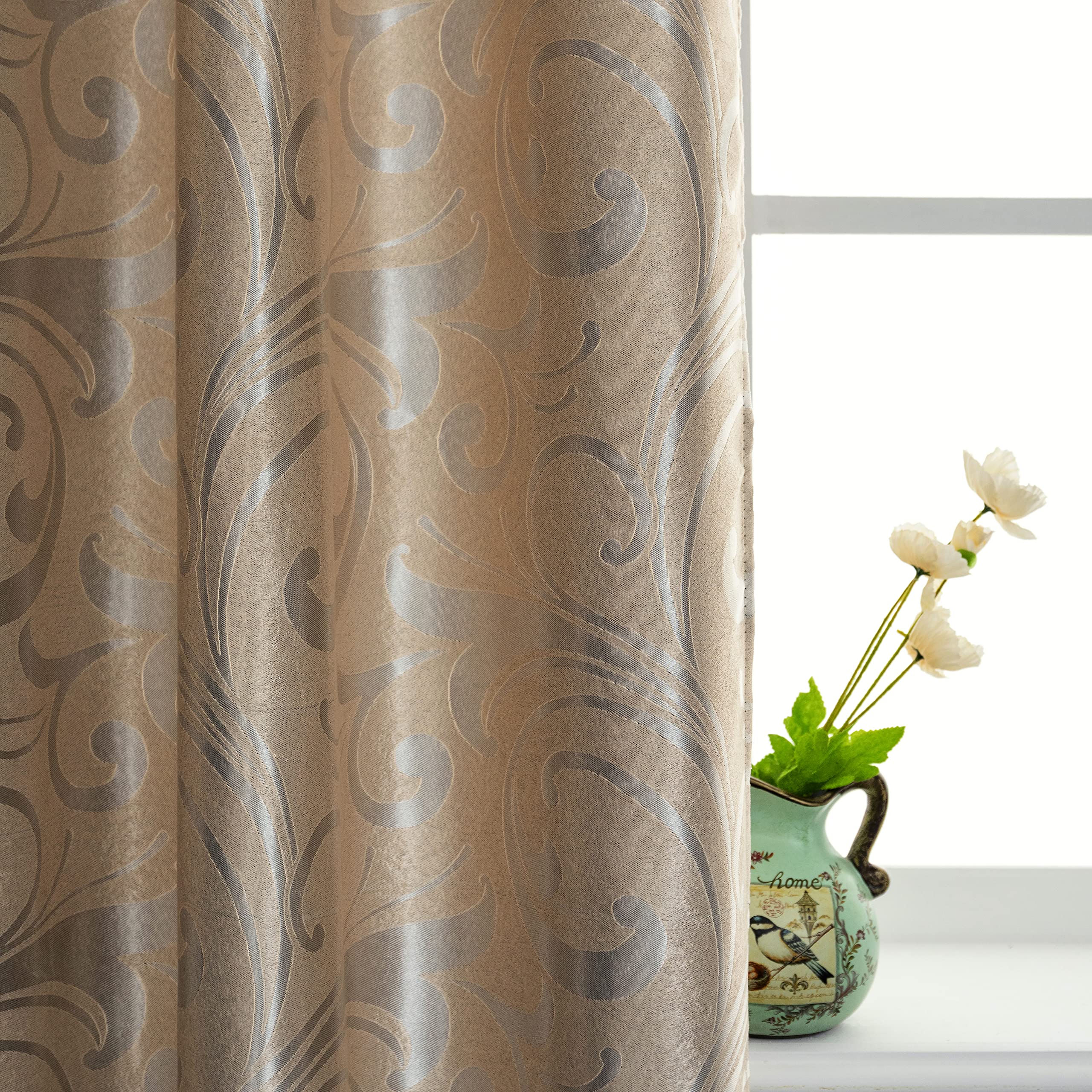GIRASOLE HOME® Coppia Tende Jacquard Semi Oscuranti Motivo Corinzio Tenda Morbida Termica Isolante per Soggiorno Camera e Interni 2 Pannelli con Occhielli (Beige Corinzio, 140x275cm)