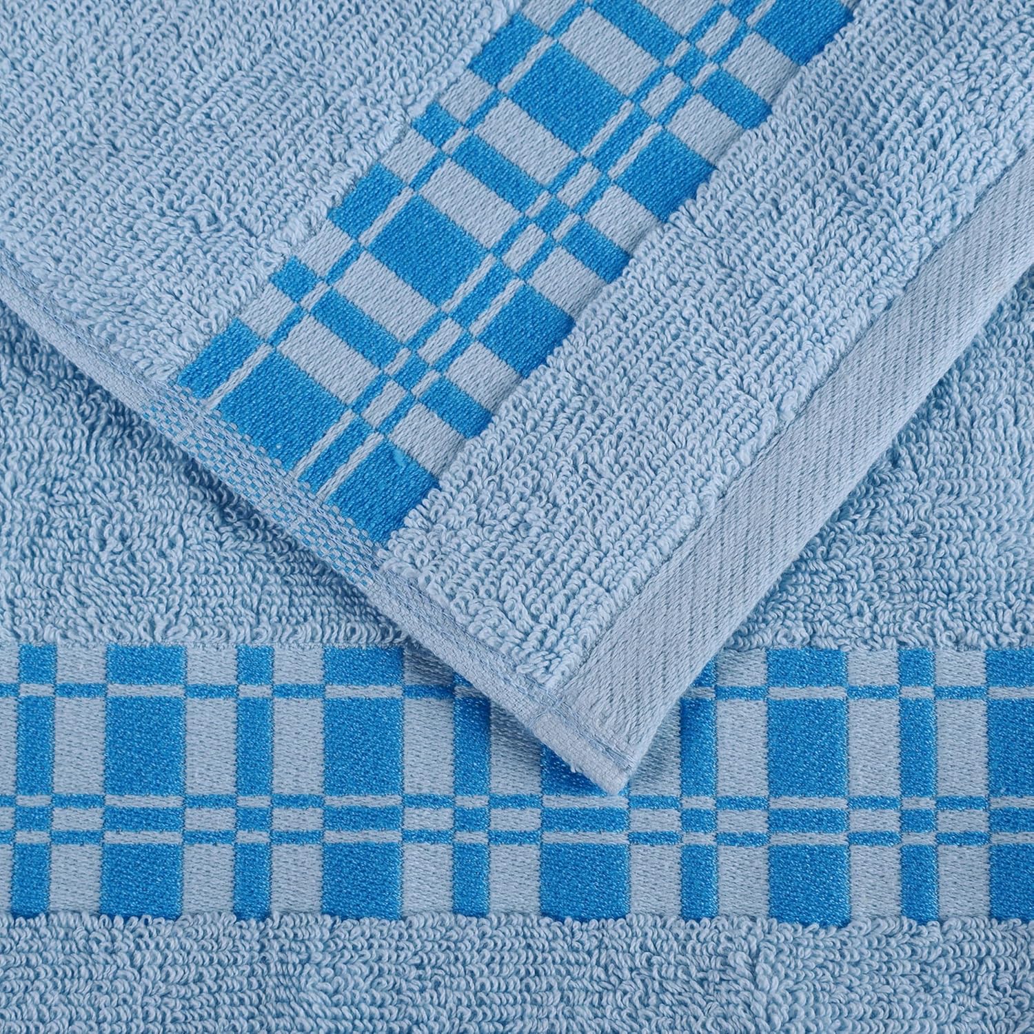 Superior Larissa Cotton Bath Towel Set, Geometric Design, Dobby Border, Medium Weight Towels for Bathroom, Guest Bath, Spa, Resort, Hotel, Airbnb, Home Essentials, Includes 4 Bath Towels, Light Blue