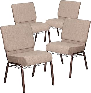 Flash Furniture 4 Pack HERCULES Series 21''W Church Chair in Beige Fabric with Book Rack - Copper Vein Frame