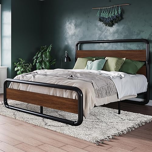 Miniatura 3 de Allewie Base de cama de metal tamaño Queen con cabecero y estribo de madera curvos, plataforma de hierro resistente con almacenamiento debajo de la