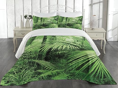Miniatura 2 de Ambesonne Colcha de selva tropical, palmeras y plantas exóticas en selva tropical, ilustración temática de naturaleza salvaje, juego de colcha
