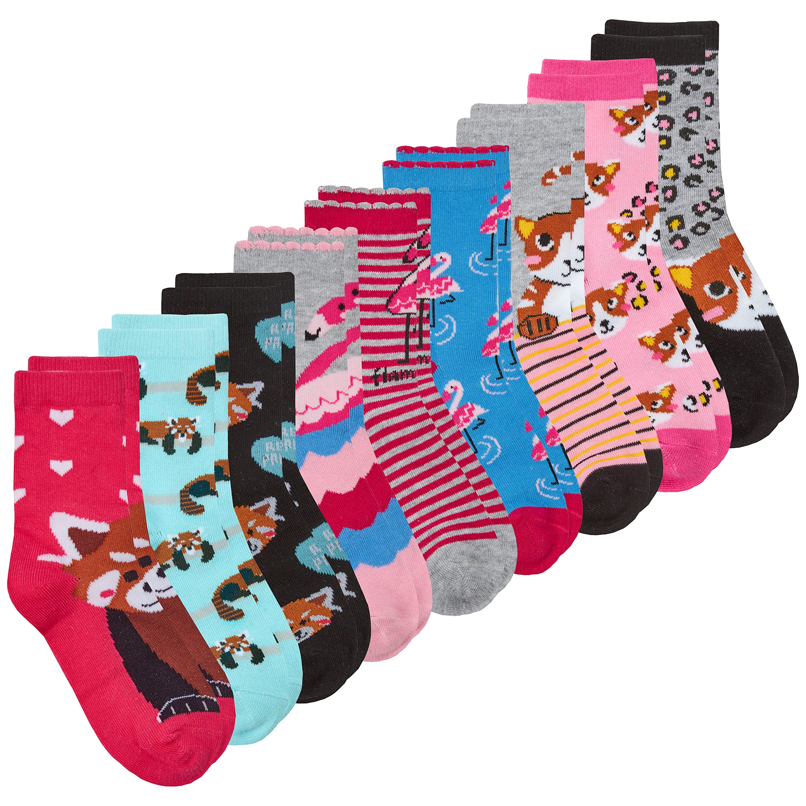 Metzuyan Kids Girls Cotton Rich Novelty Socks Animal Themed Crew Socks Cat Red Panda Flamingo 12.5-3.5