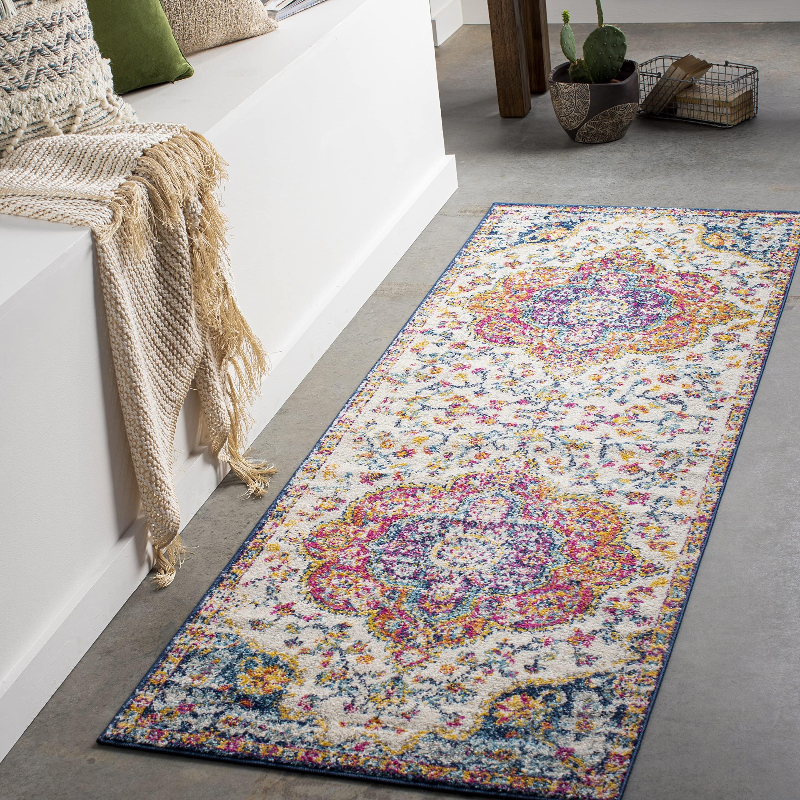 Livabliss Rabat Vintage Rug - Runner Rugs Living Room 80x230 cm, Hallway, Kitchen Area - Traditional Multicoloured Boho Style, Easy Care - Bohemian Large Rug, Fuchsia, Orange and Blue