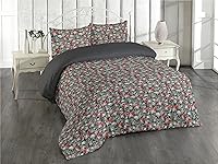 Vista 10 de Ambesonne Juego de funda de edredón de calavera, cabeza de esqueleto de estilo americano tradicional y boceto floral sobre arte estampado oscuro