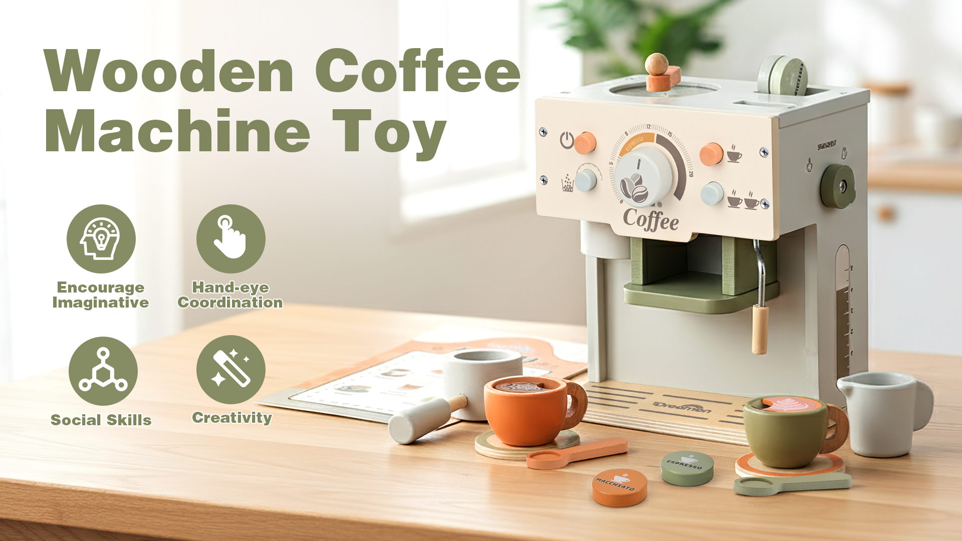 SPEEDY MONKEY Wooden Kids Coffee Machine Playset – FSC Certified Pretend Play Espresso Maker, Barista Role Play Café Set Toy for Toddlers, Boys & Girls, Coffee Grinder with Cups & Kitchen