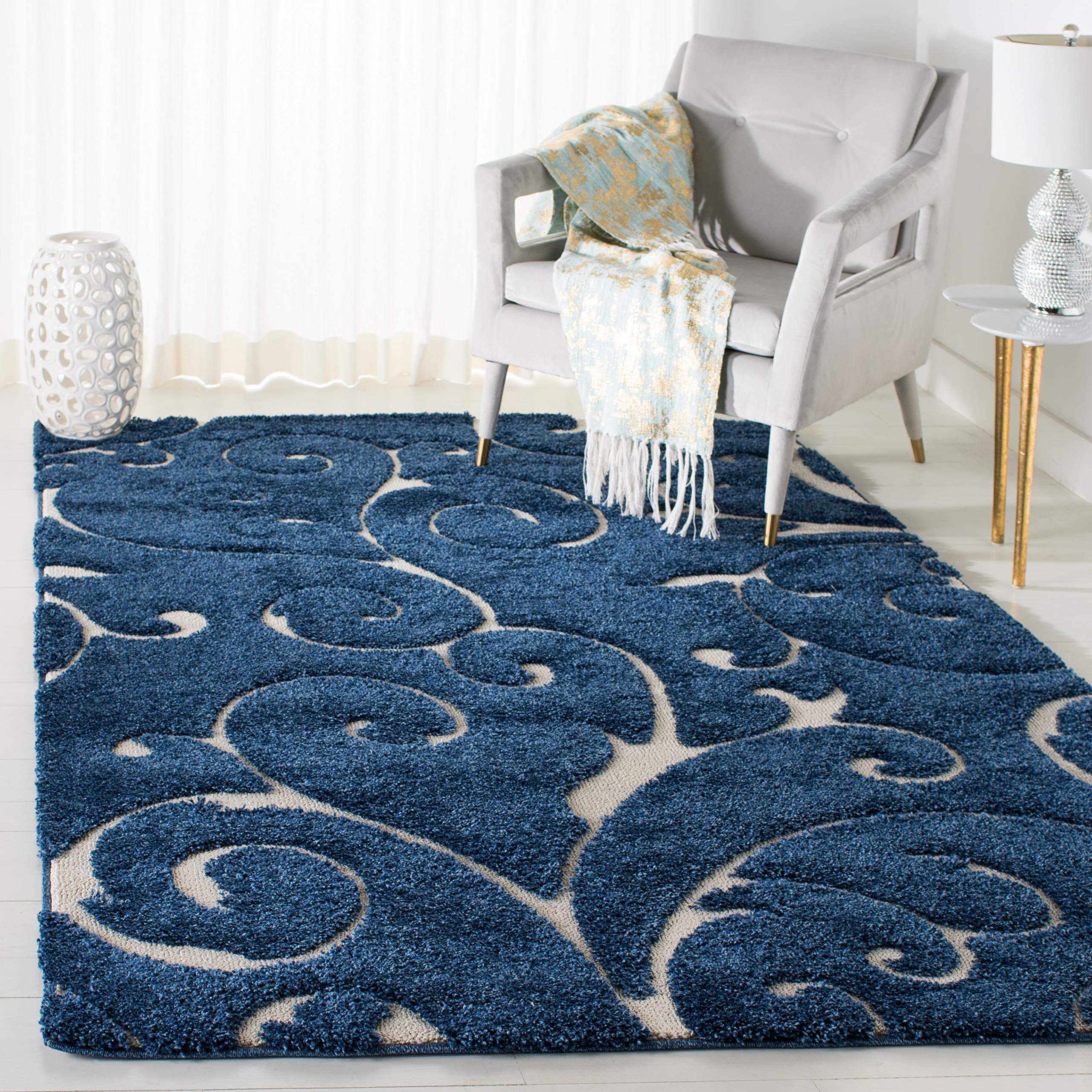 SAFAVIEH Florida Shag Collection Accent Rug - 4' x 6', Dark Blue & Cream, Scroll Design, Non-Shedding & Easy Care, High-Low Plush Pile, Ideal for