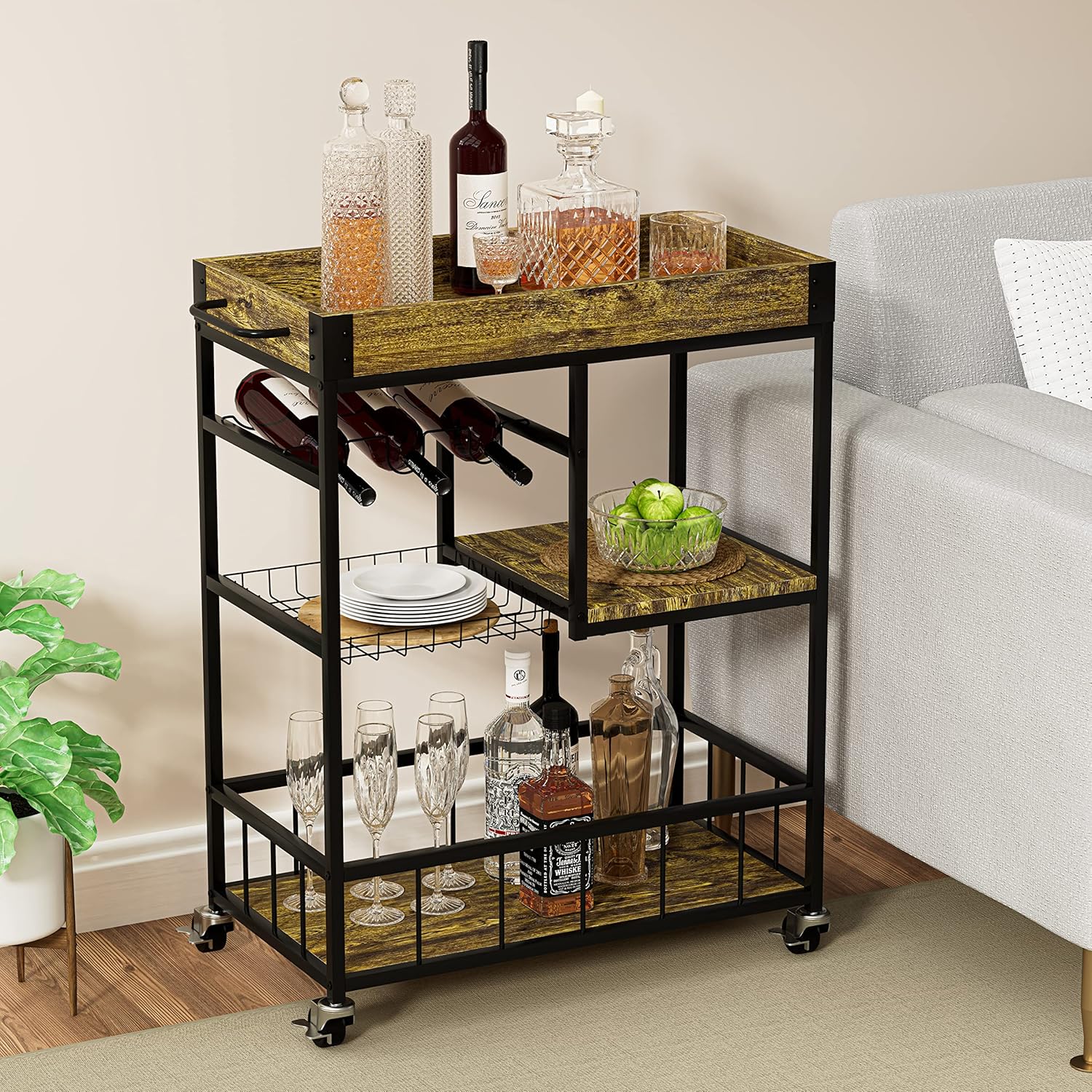 aboxoo Bar Cart Wine Glass 3 with Basket Tier Home Rolling Rack with Wheels Mobile Kitchen Industrial Vintage Style Wood Metal Serving Trolley Serving Cart,Glass Holder Bar Cabinet
