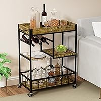 Vista 5 de aboxoo Carrito de bar Copa de vino 3 con nivel de cesta, estante rodante con ruedas, cocina móvil, estilo industrial vintage, carrito de servir