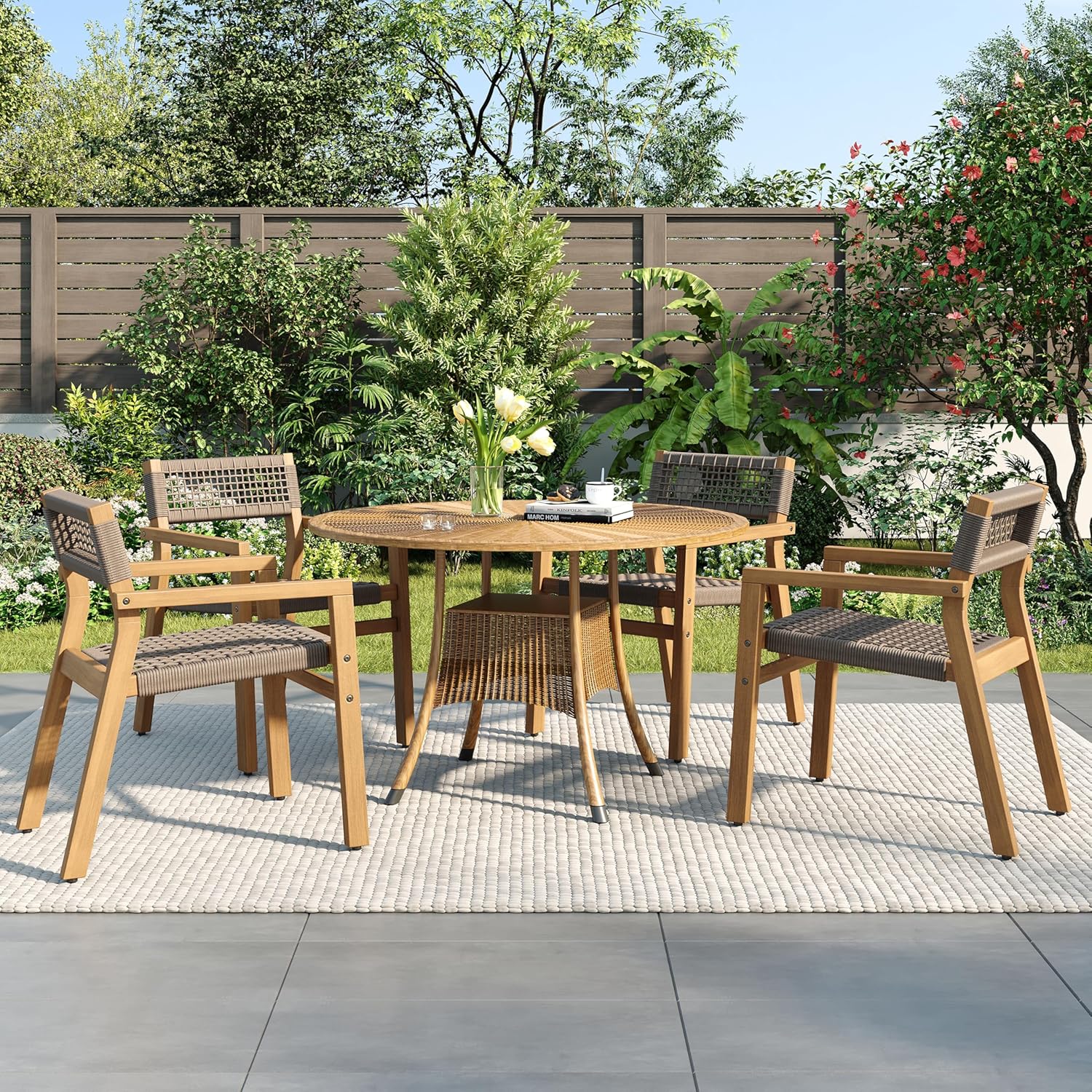 Christopher Knight Home Dolly Dining Chairs Set of 4, Acacia Wood Frame Dining Chairs, Rope Woven Armchair, Accent Dining Chair Set, Patio Wooden Armchair for Backyard Poolside Garden, Light Teak