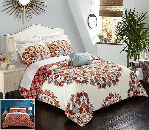Chic Home 8 piezas Maxim Gran Escala Paisley Bohemia Reversible Impreso con detalles bordados King Bed In a Bag Juego de edredón Rojo