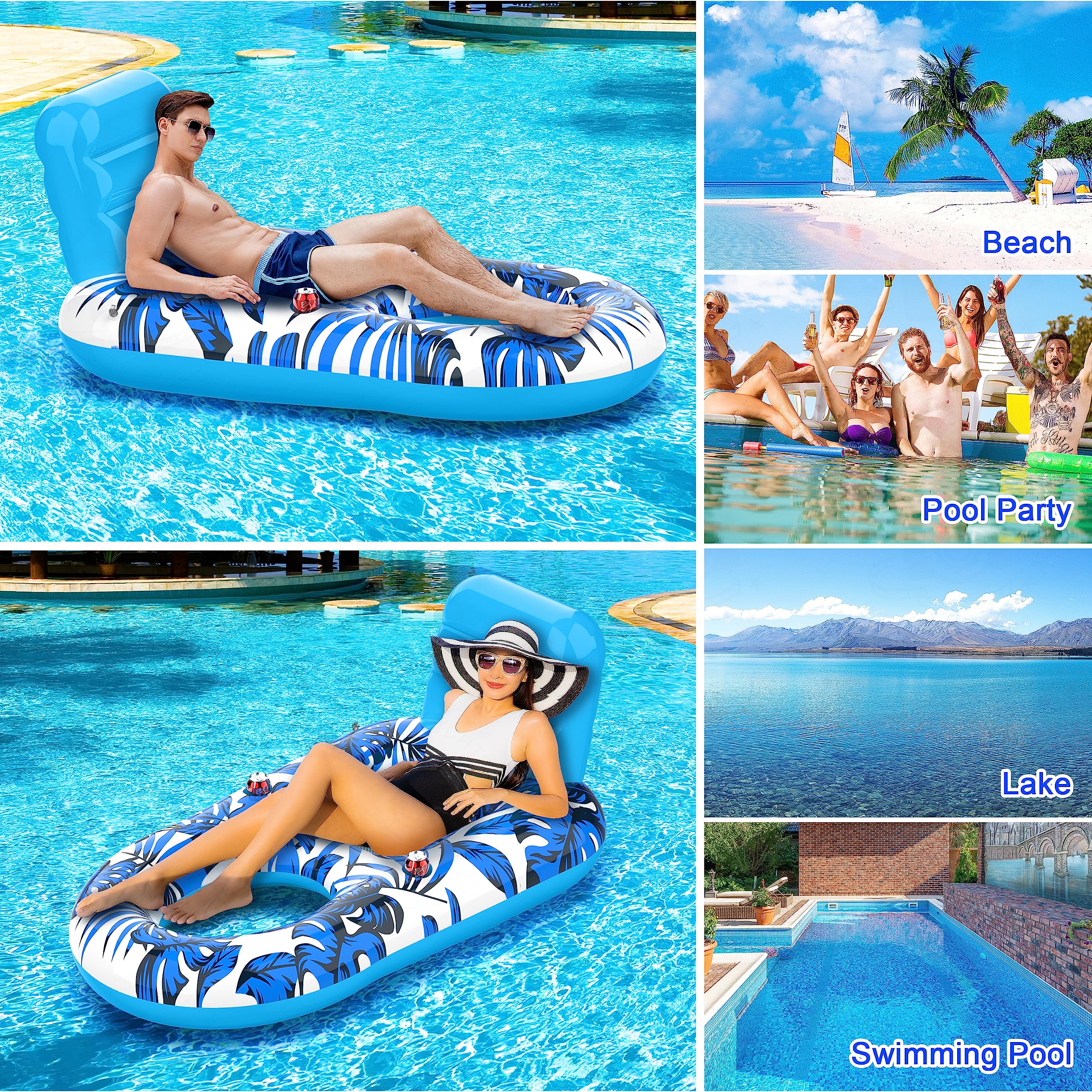Tumbona Flotante Inflable Para Piscina Con Posavasos – Patrón De Hoja De Arce, Ideal Para Tomar El Sol, Playa O Lago (160x120x70 Cm, PVC)