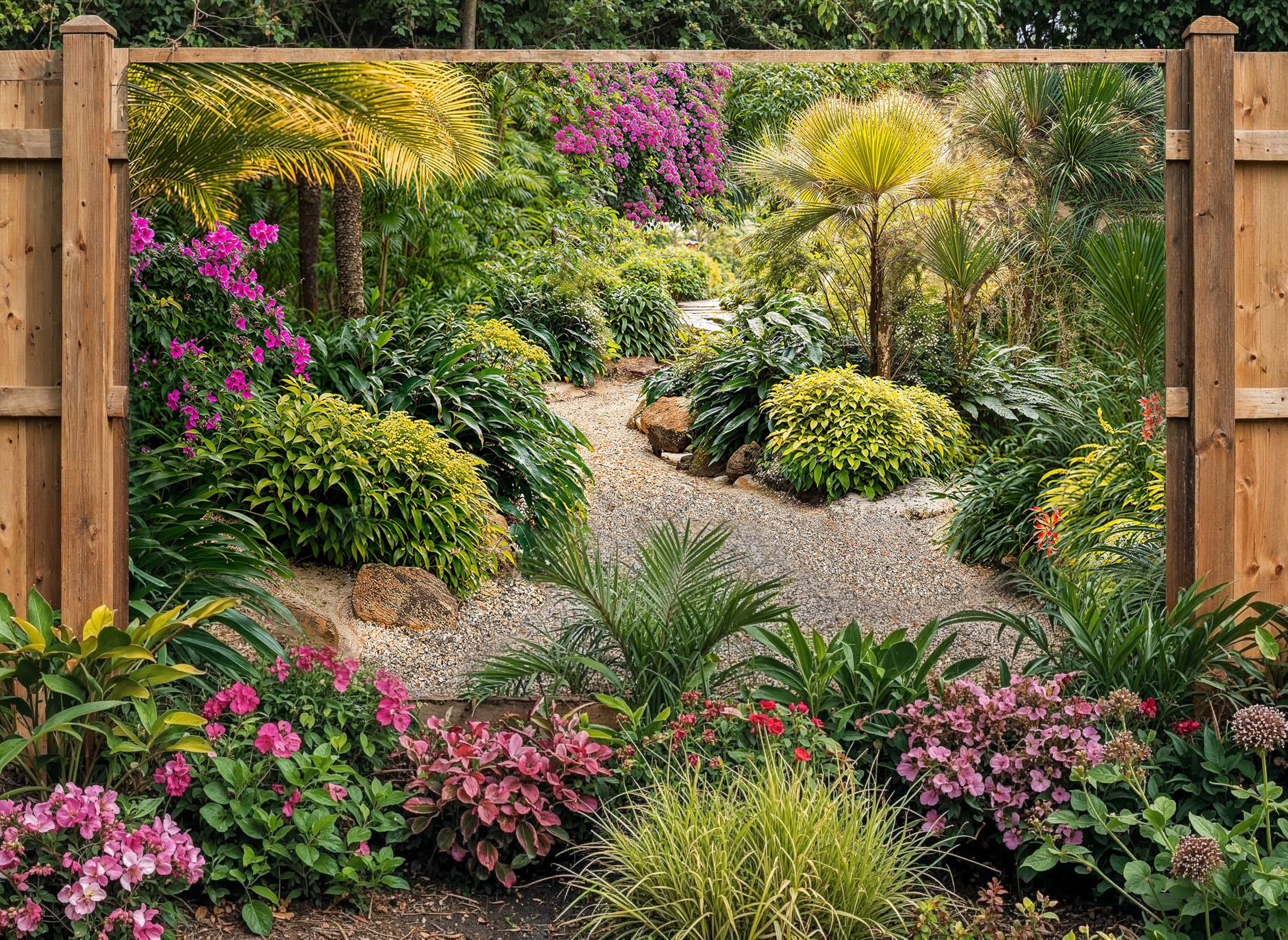 Sabrikas Let Your Creative Spirit Run Free Green Lush Herbaceous Border Garden Mural, Tapestry & Curtain Waterproof Outdoor Wall Hanging, Tropical Gravel Path Wall Art & Fence Decor W118.11 Inches X H70.87 Inches